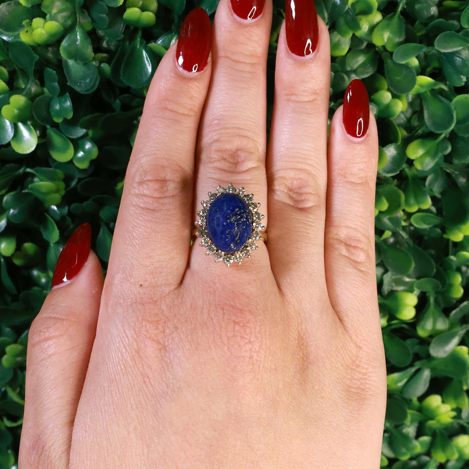 Vintage Lapis Lazuli Diamond Floral Statement Ring 14K Yellow Gold Size 8