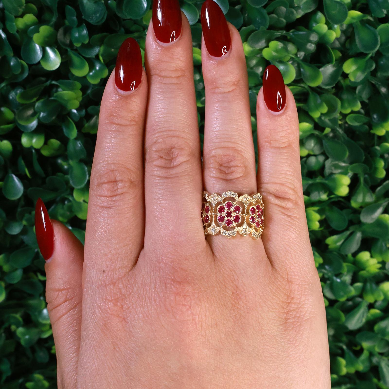 EFFY Ruby Diamond Wide Band Ring 14K Yellow Gold Floral 2.18CTW Size 7.5 Estate