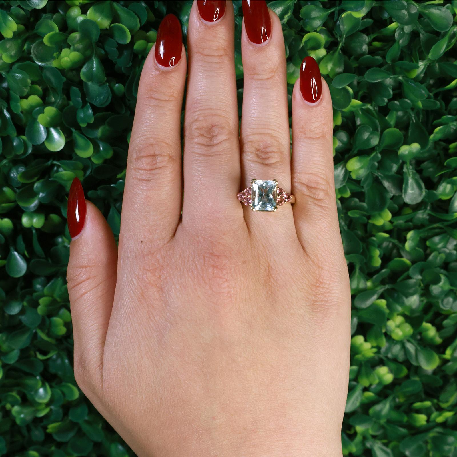 Aquamarine Pink Tourmaline Gemstone Statement Ring 14K Yellow Gold 3.72 CTW SZ 7