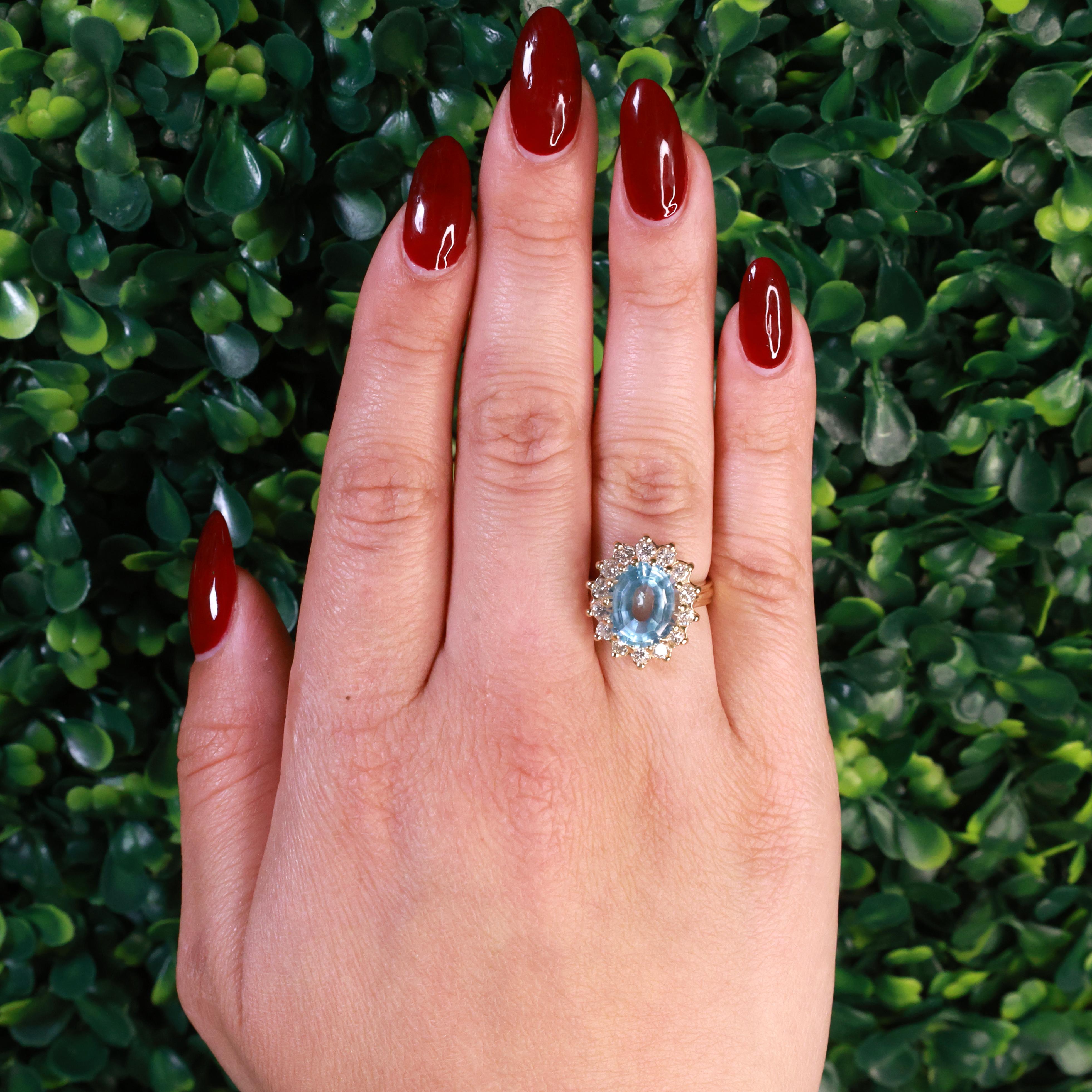 Blue Topaz Halo Diamond Ring Yellow Gold 7.25 CTW Size 6.5 Ladies Estate