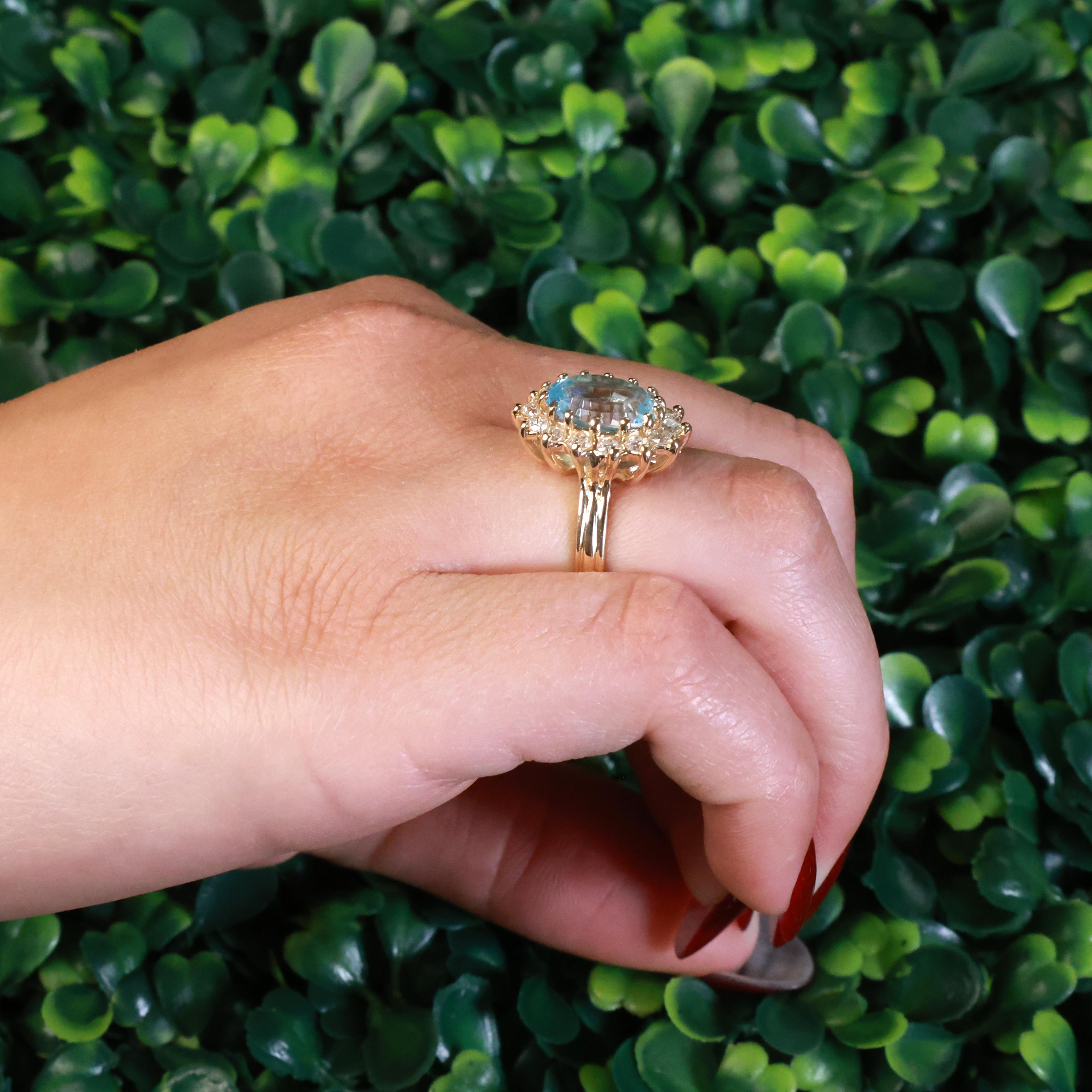 Blue Topaz Halo Diamond Ring Yellow Gold 7.25 CTW Size 6.5 Ladies Estate