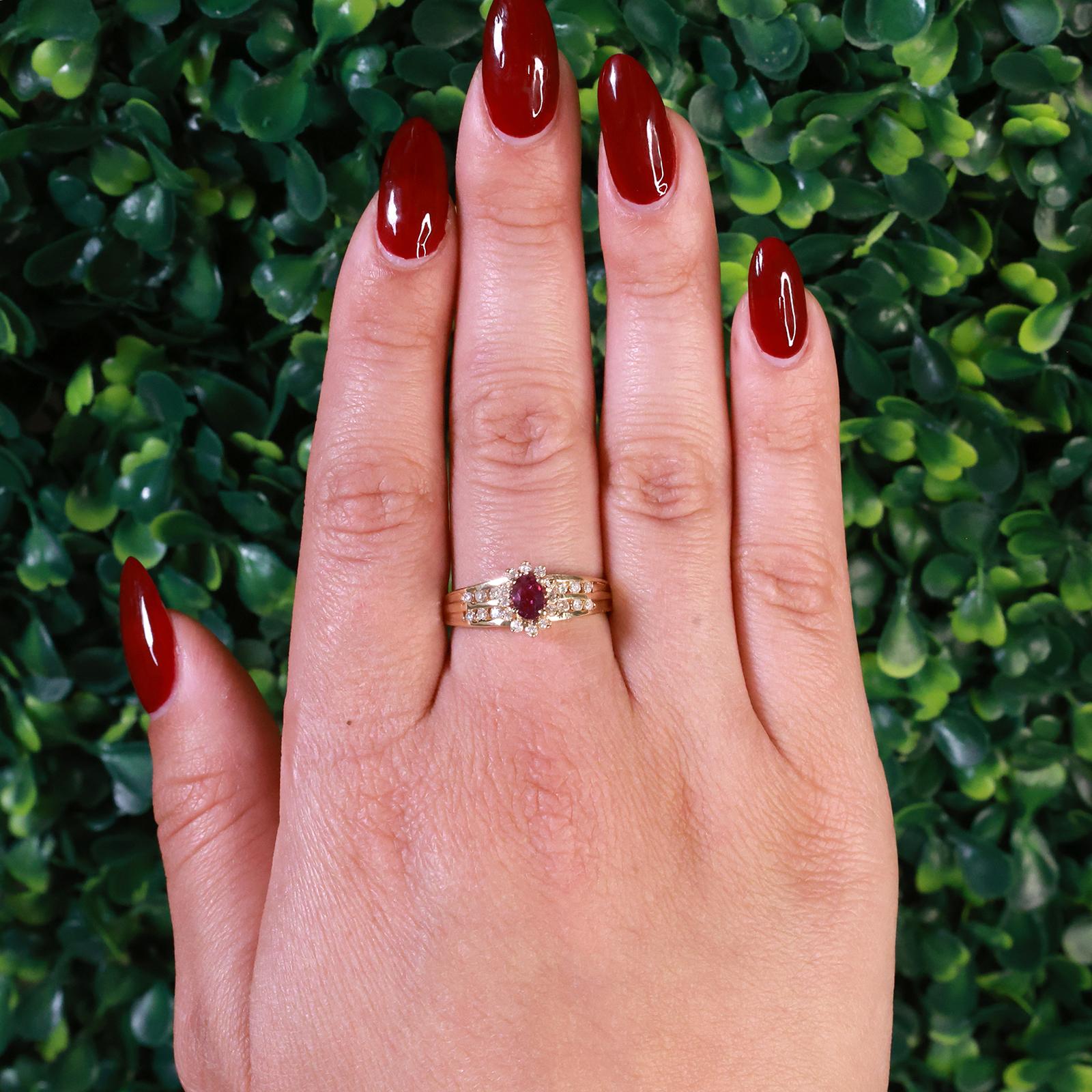 Ruby Halo Diamond Floral Ring 14K Yellow Gold 1.05 CTW Size 10 Ladies Estate