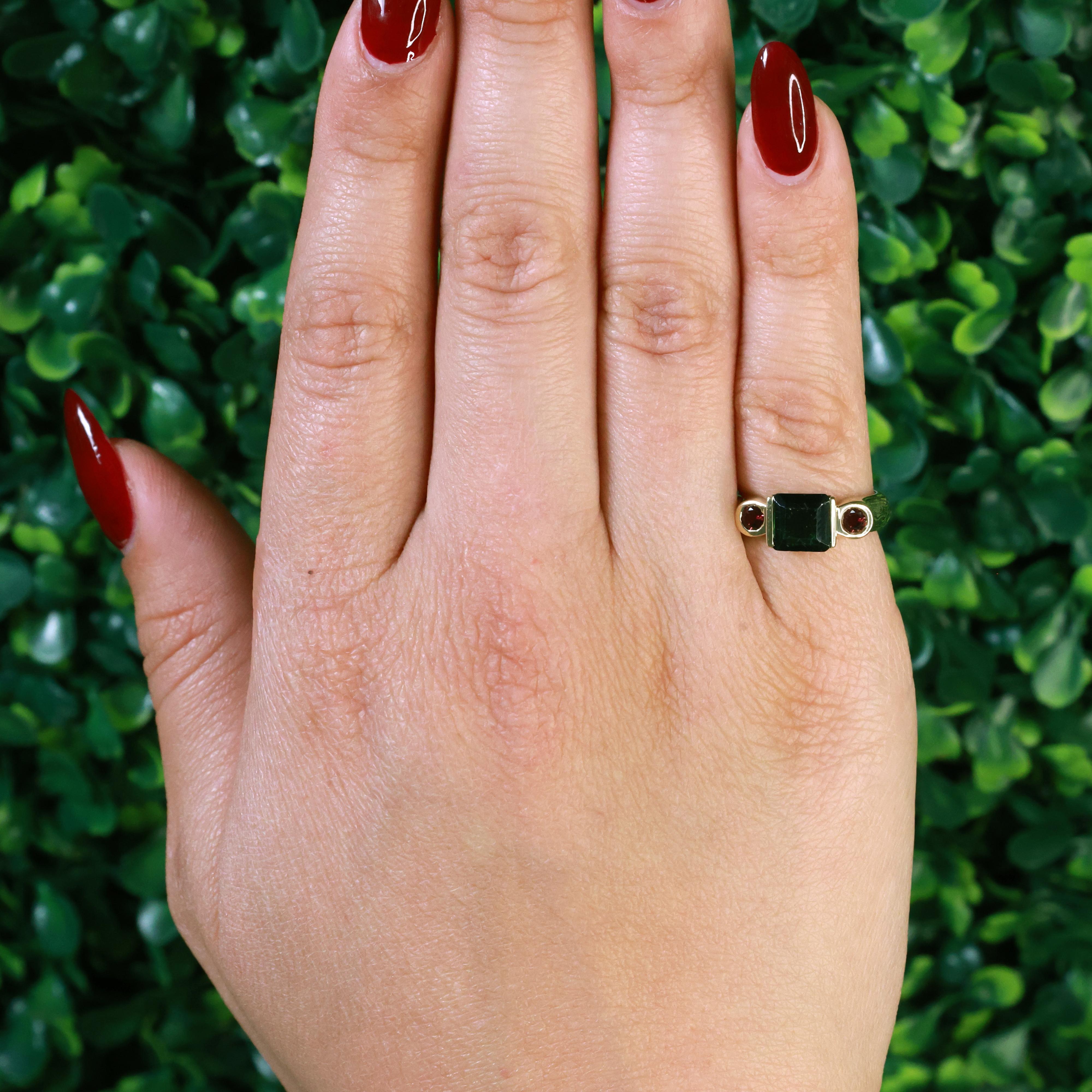 1.74 CTW Green and Pink Tourmaline Cocktail Ring 14K Yellow Gold Size 5.5 Ladies