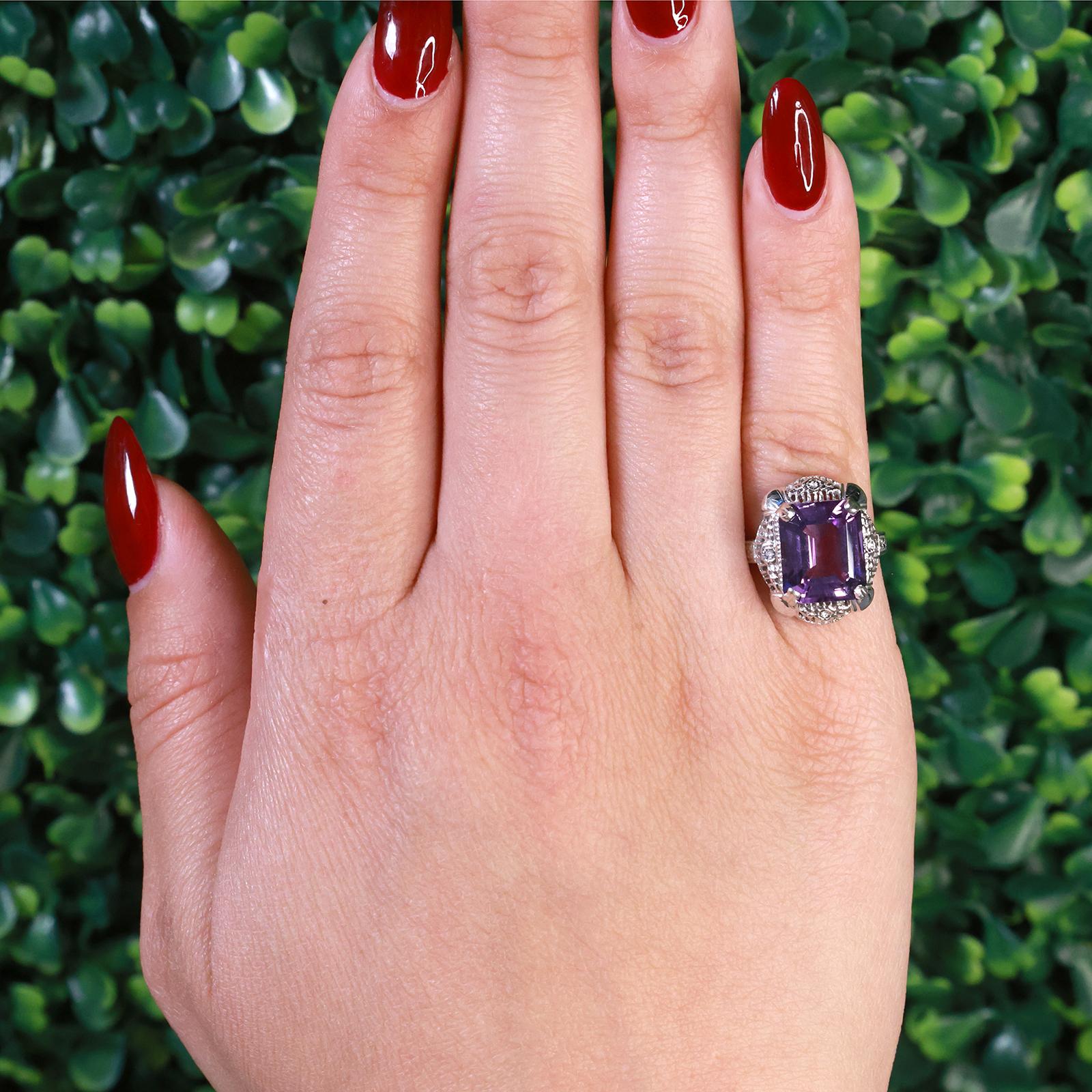 Solitaire Emerald Cut Amethyst Filigree Ring 14K White Gold 5.90 CT Size 6