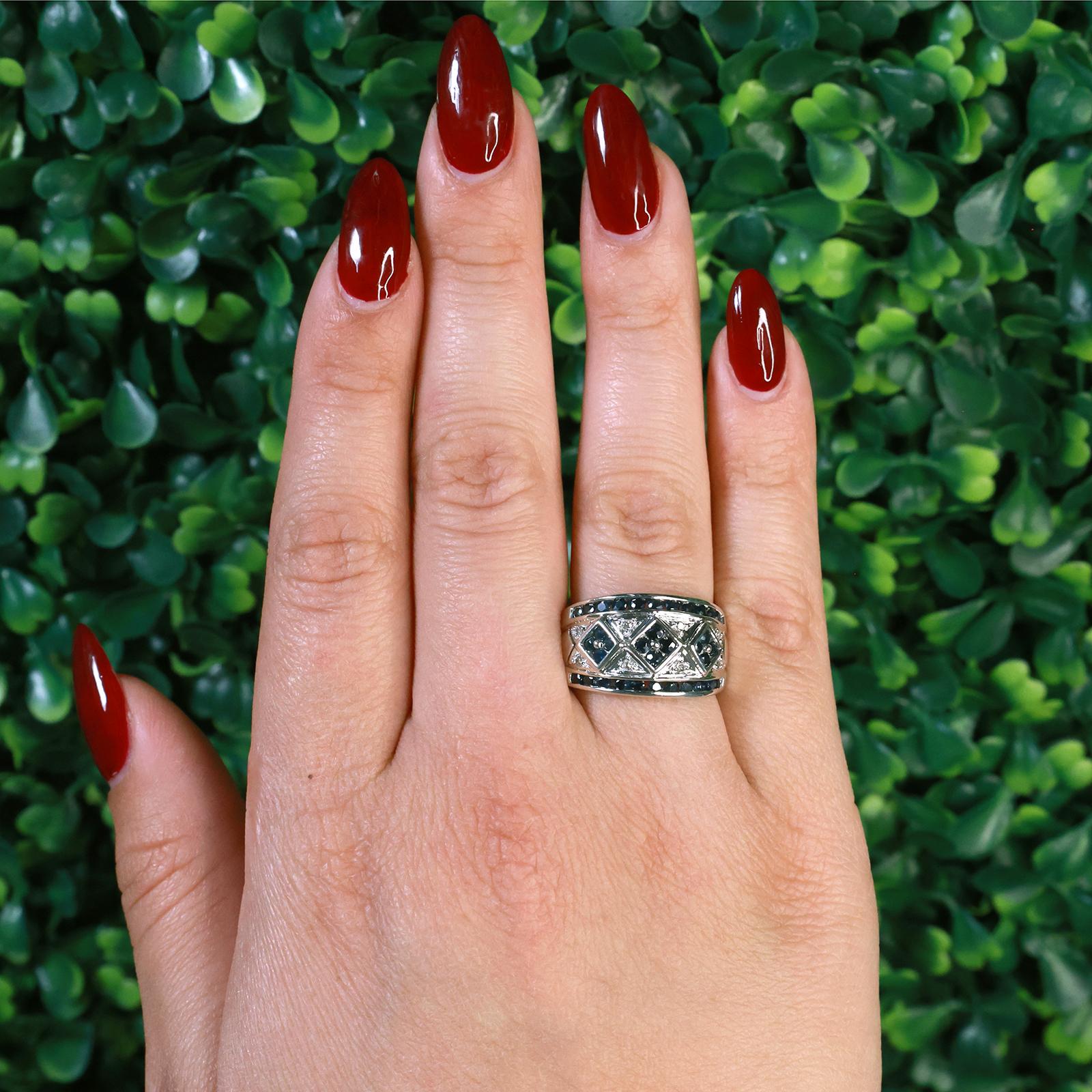 Sapphire Diamond Wide Band Ring 14K White Gold 1.46 CTW Size 8 Ladies Estate