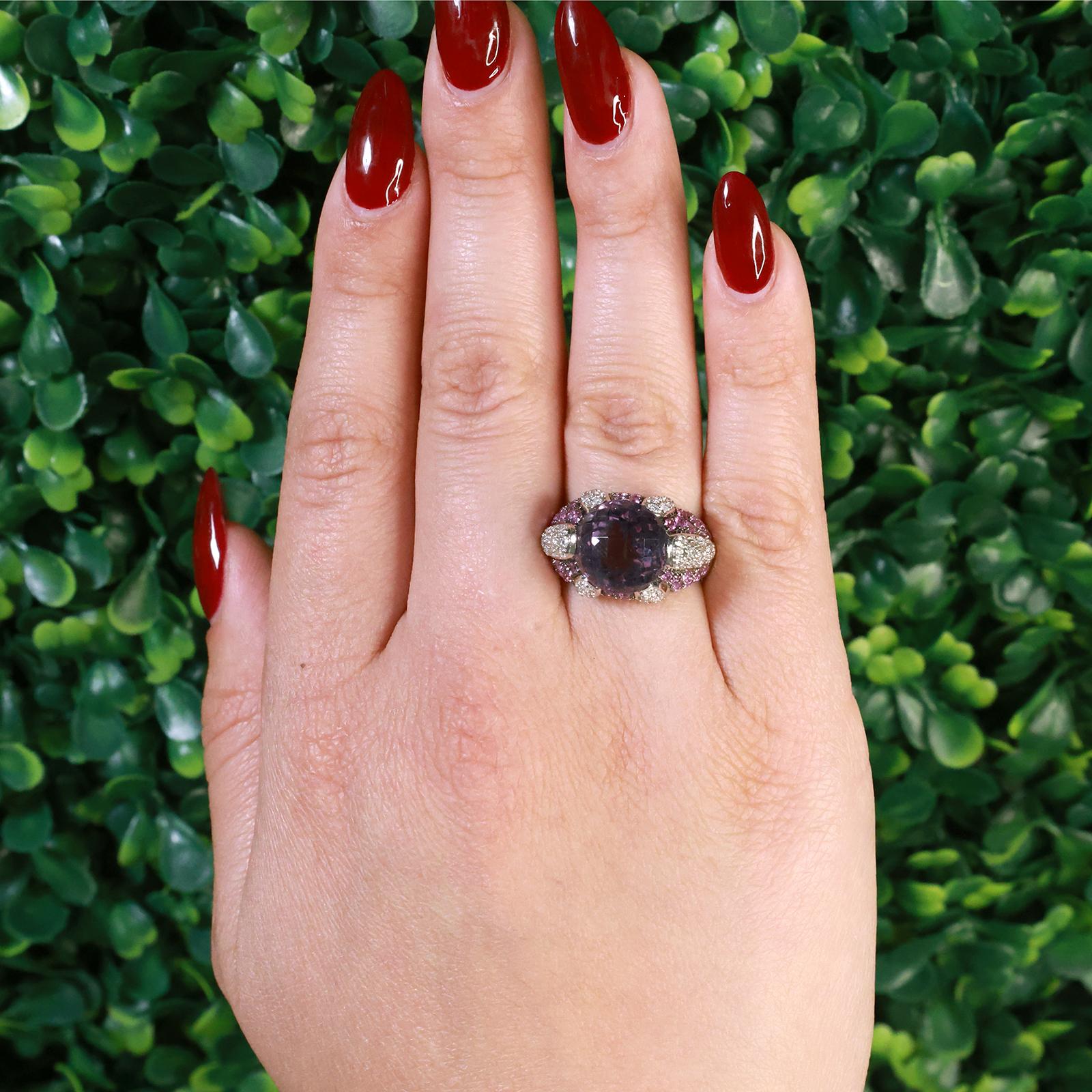 Pink Sapphire Amethyst Diamond Statement Ring 14K White Gold 8.57 CTW Size 7