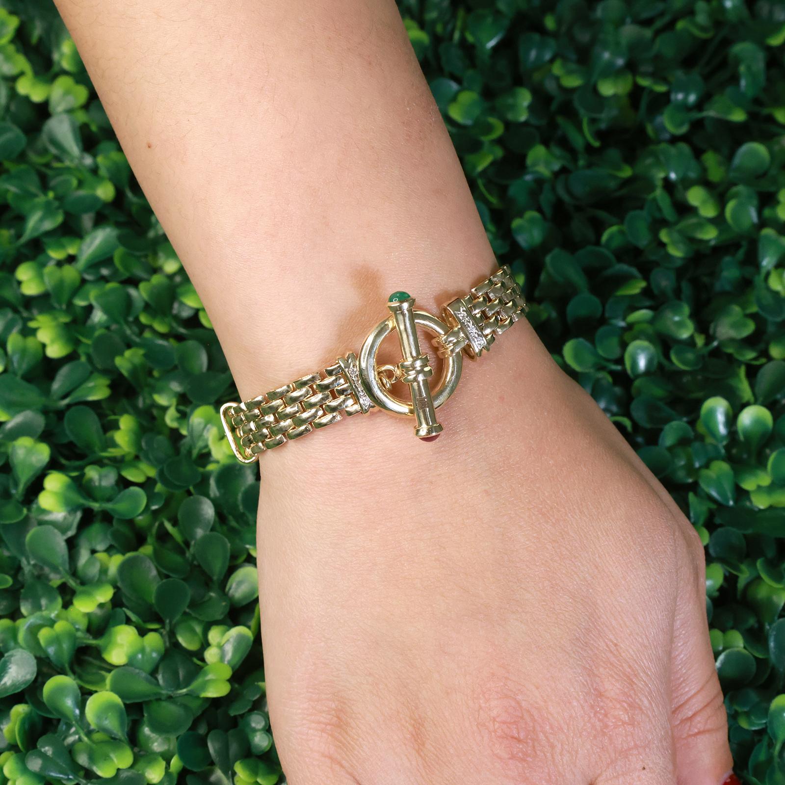 Panther Chain Link Bracelet Diamond Ruby Emerald Accents 0.63 CTW 14K Gold 7.75"