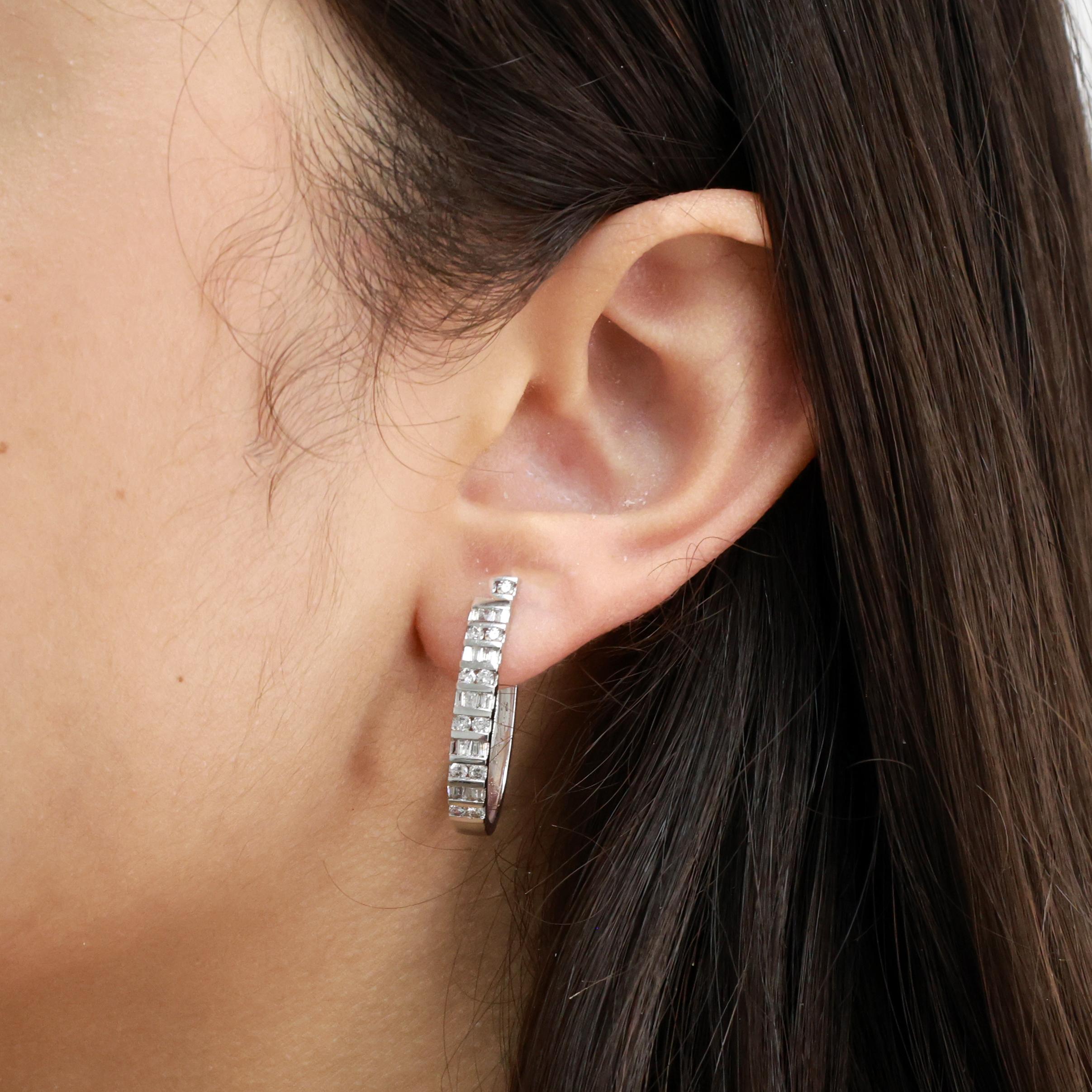 Diamond Oval Hoop Earrings 10K White Gold 1.50 TW 1" Ladies Estate