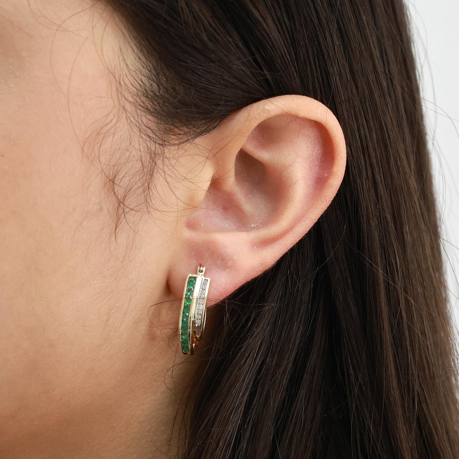 Emerald Diamond Oval Hoop Earrings 10K Yellow Gold 0.92 CTW 0.80" Ladies