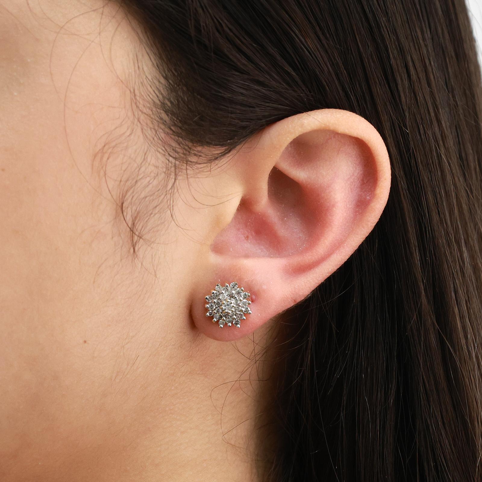 Cluster Diamond Floral Stud Earrings 14K Gold 1.00 TW Ladies Estate