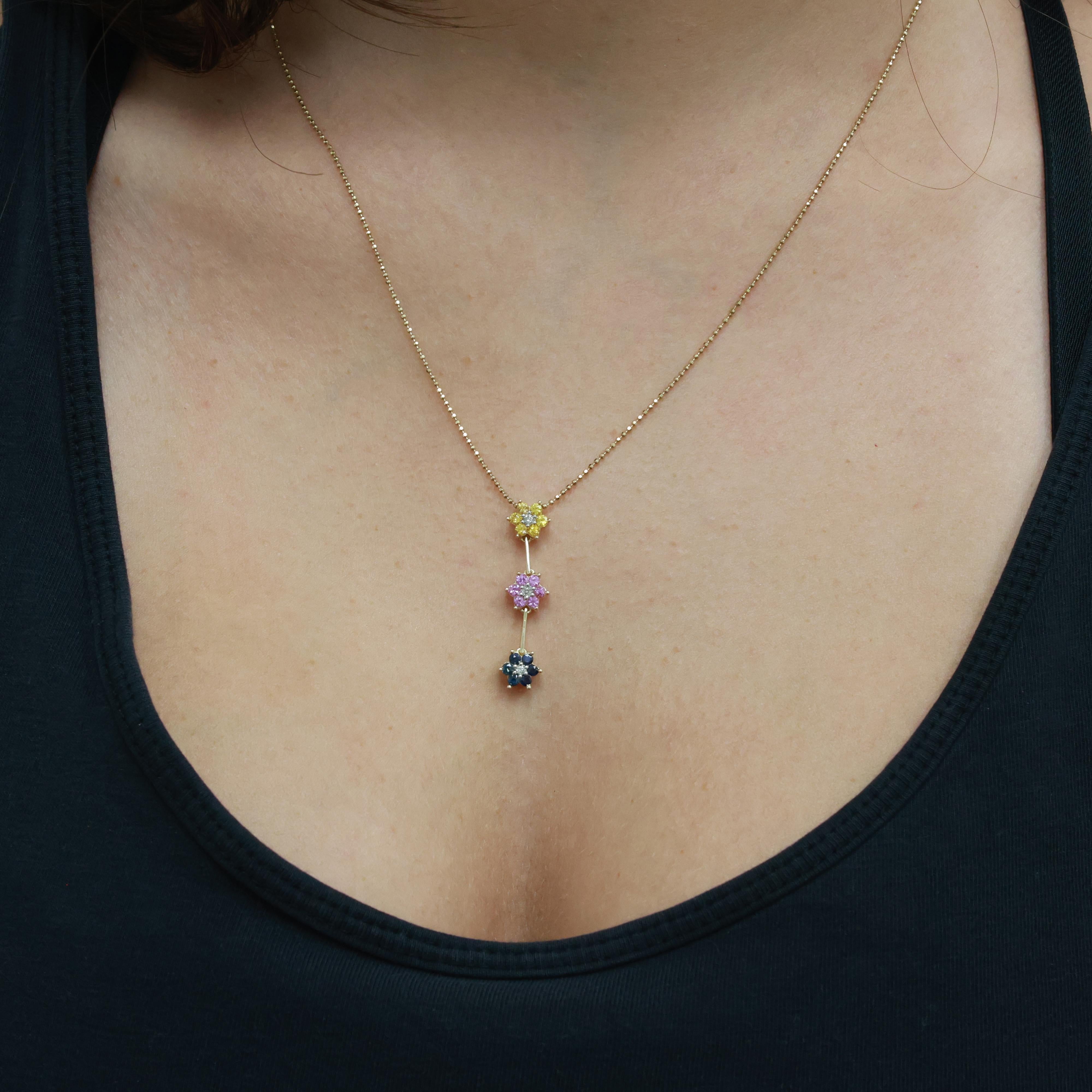 Multi Color Sapphire Diamond Flower Pendant Chain Necklace 14K Gold 0.60 CTW 18"