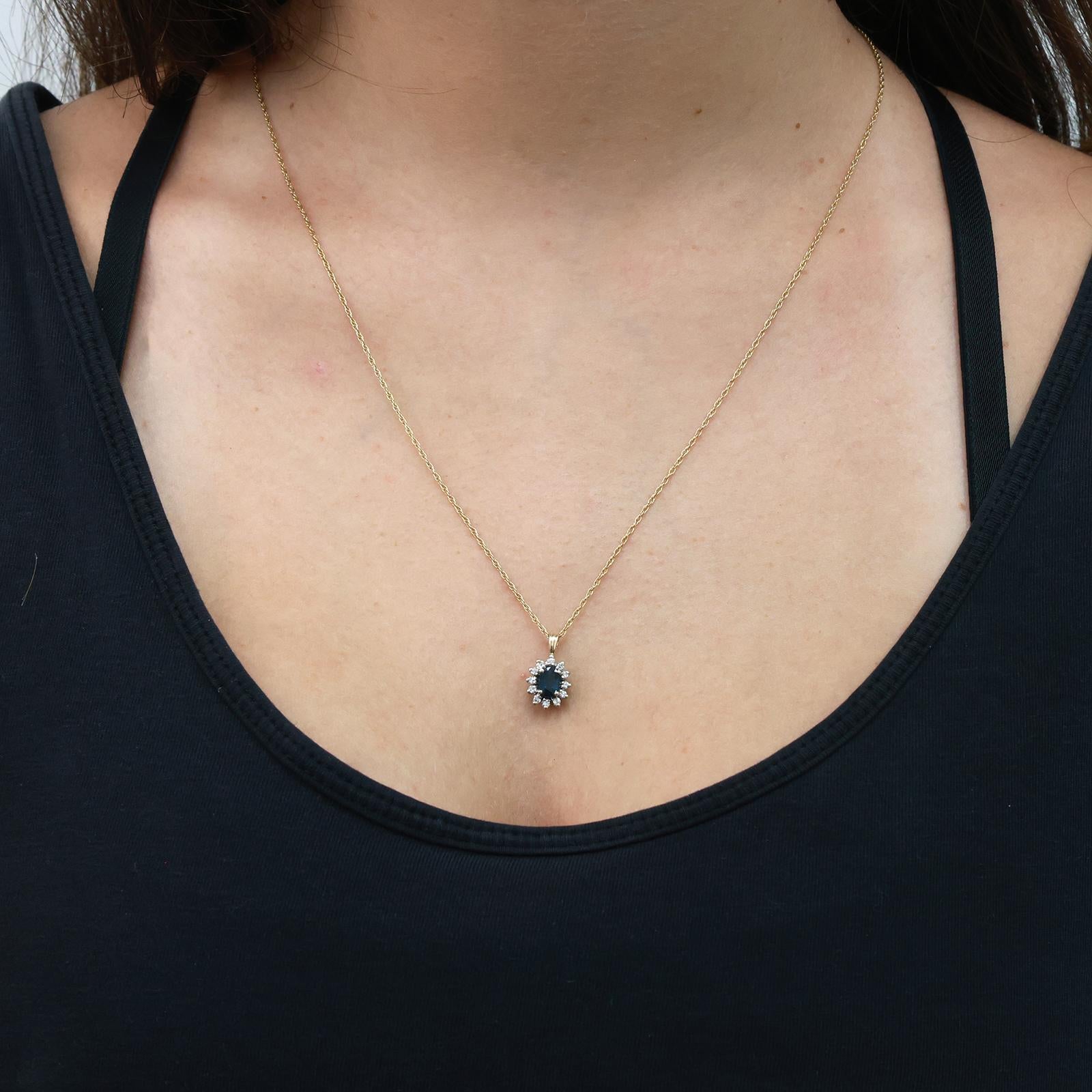 Sapphire Halo Diamond Floral Pendant Chain Necklace 14K Gold 0.95 CTW 18.75"