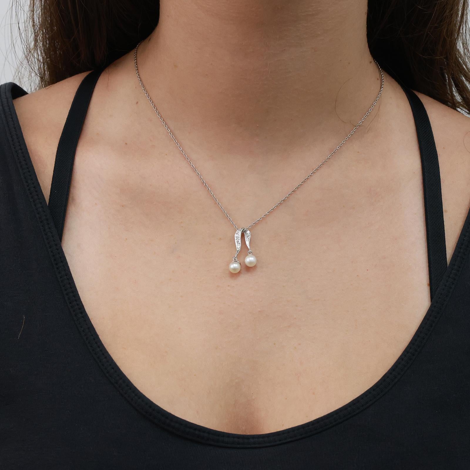 Vintage Akoya Pearl Diamond Dangle Pendant Chain Necklace White Gold 16" Ladies