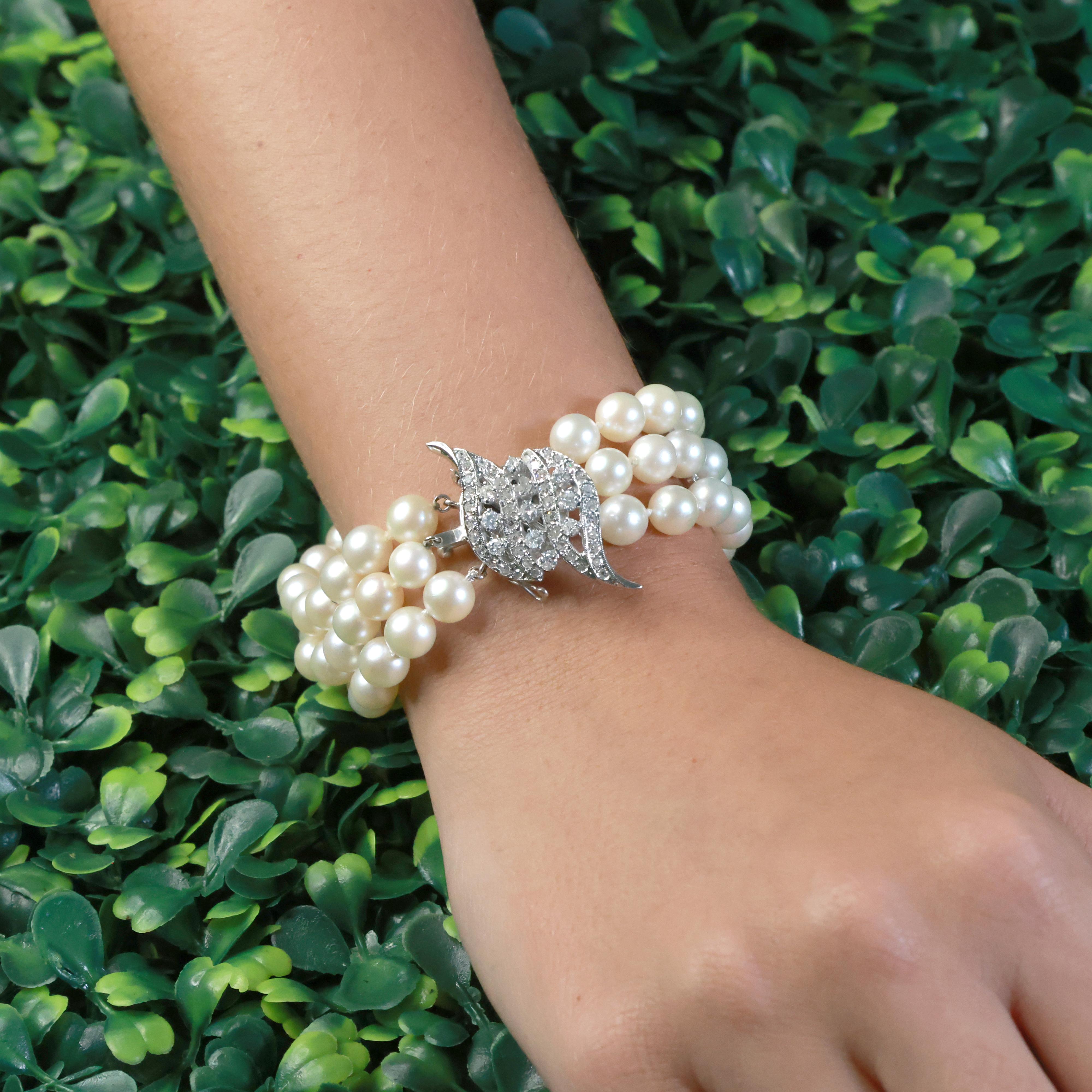 3-Strand Akoya Pearl Diamond Bracelet Brooch Attachment 14K White Gold 1.00TW 7"