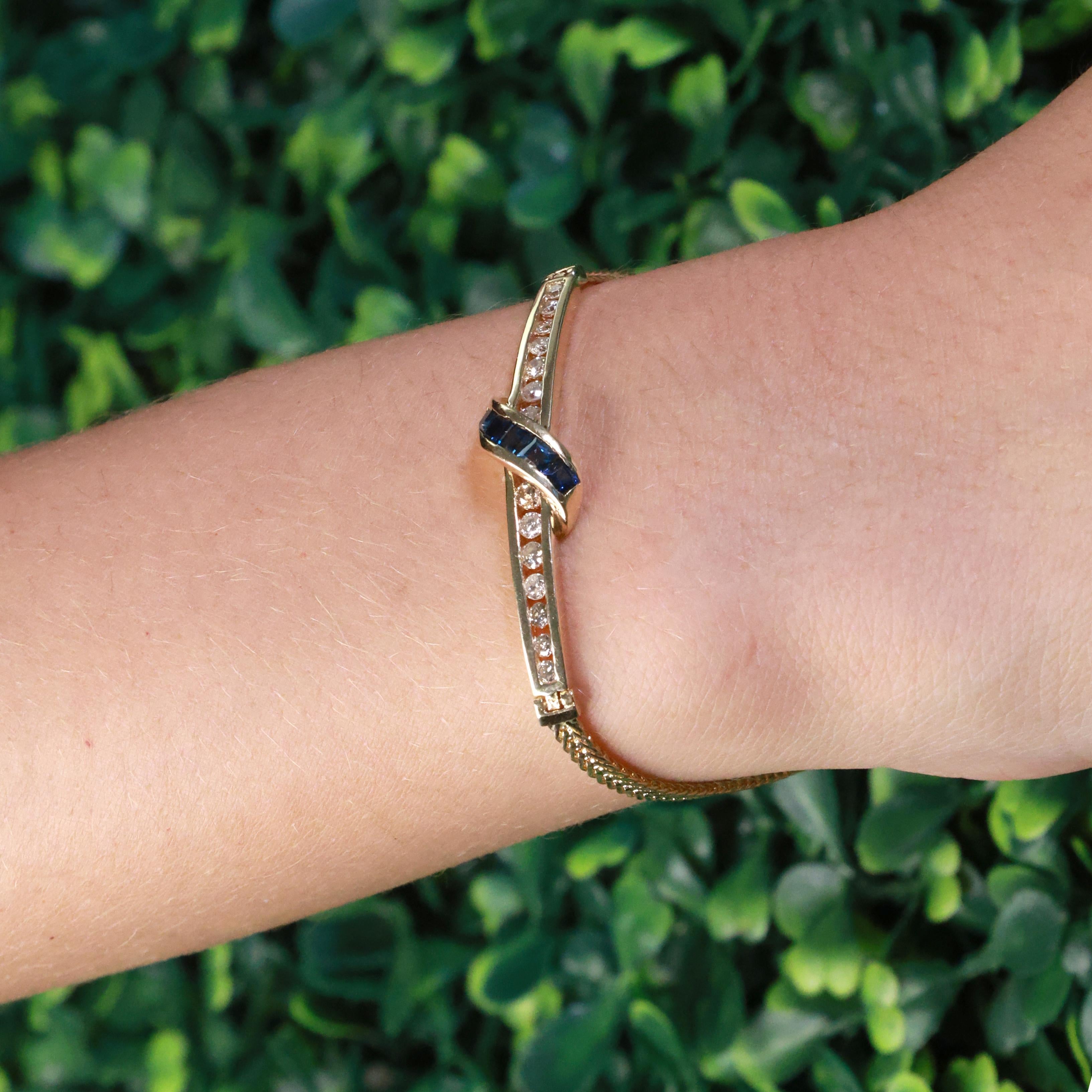 Sapphire Diamond Crossover Foxtail Link Bracelet 14K Yellow Gold 1.41 CTW 6.75"