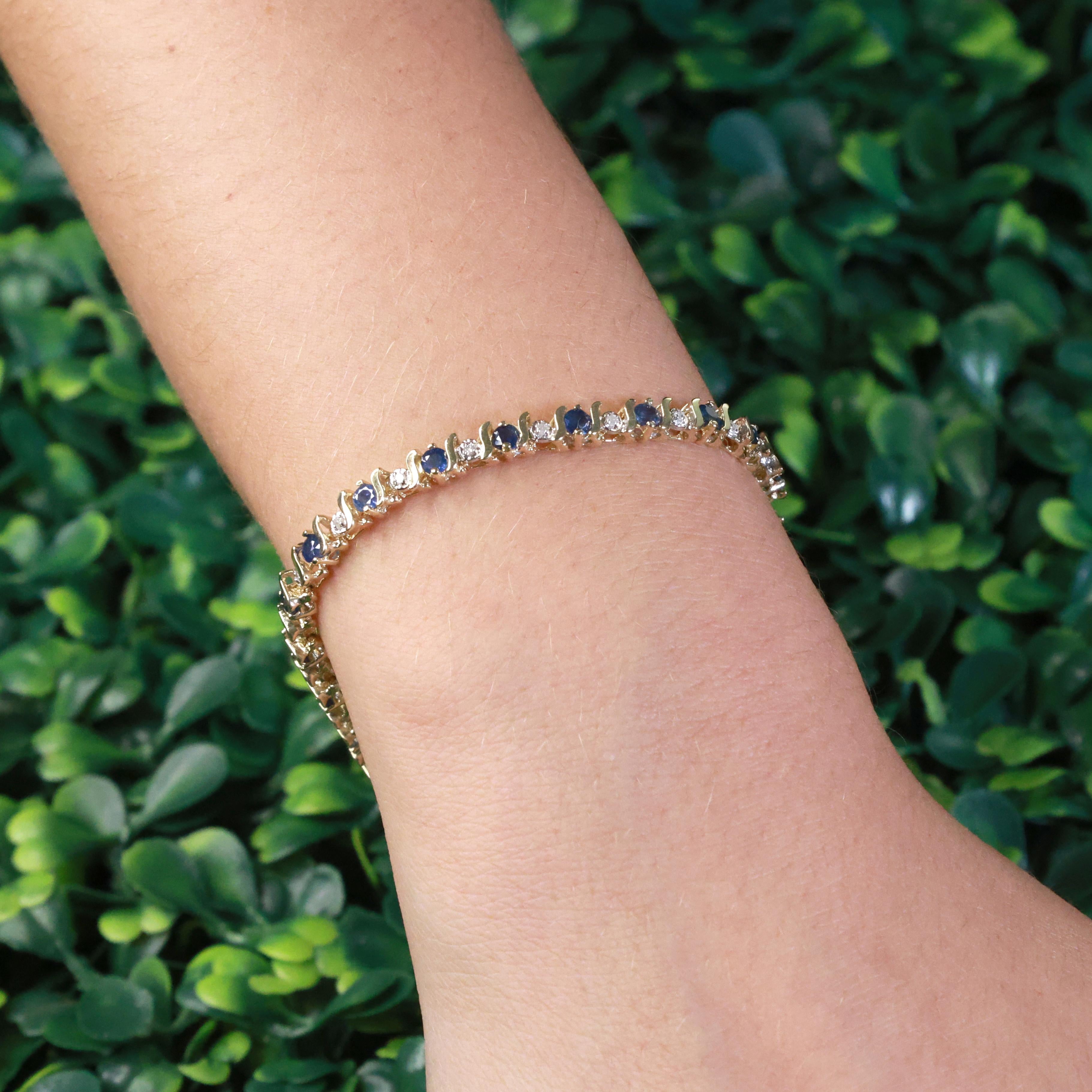 Sapphire Diamond S Link Tennis Bracelet 14K Yellow Gold 3.25 CTW 7" Ladies