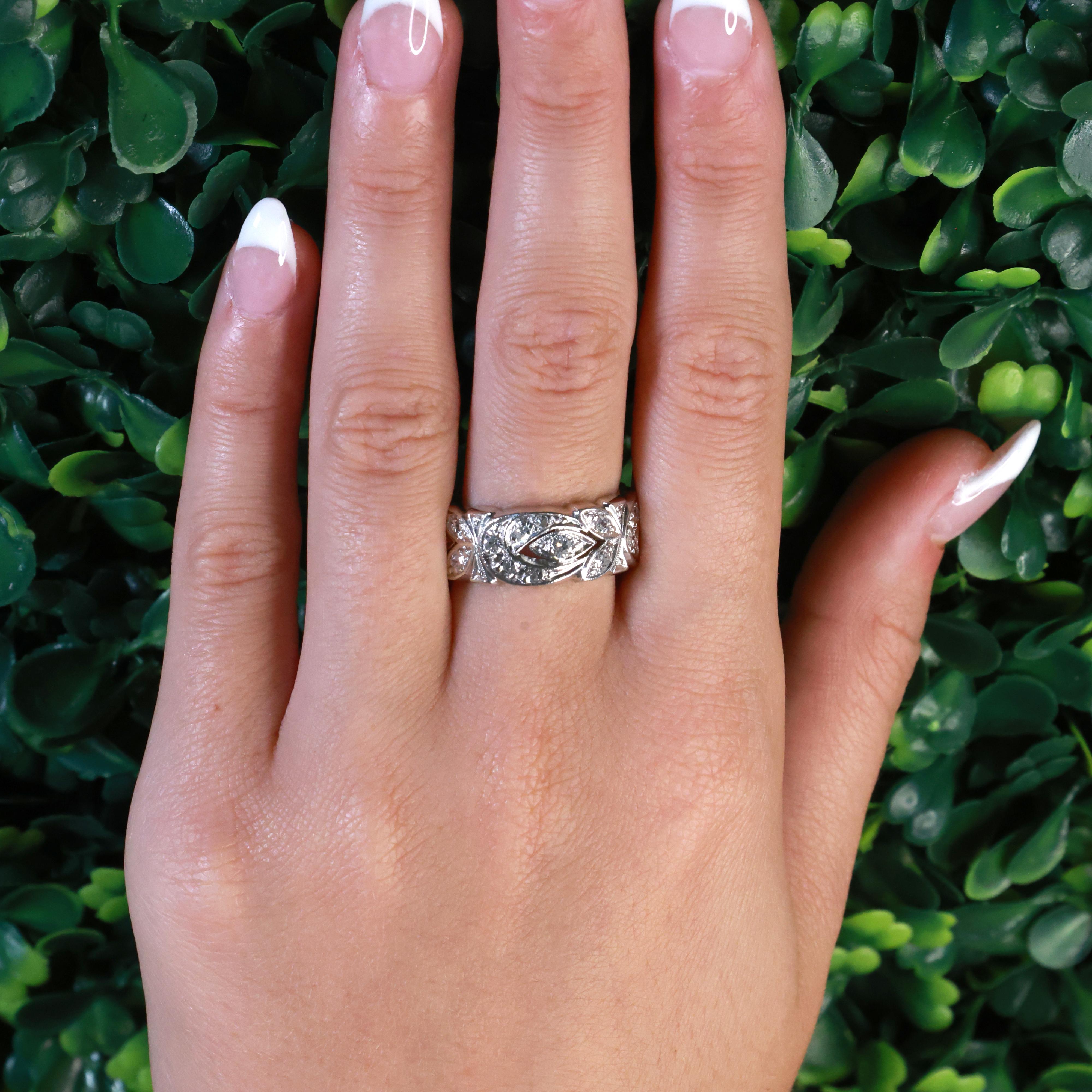 1.00 TW Diamond Filigree Wide Band Ring Platinum Size 7.5 Ladies Estate