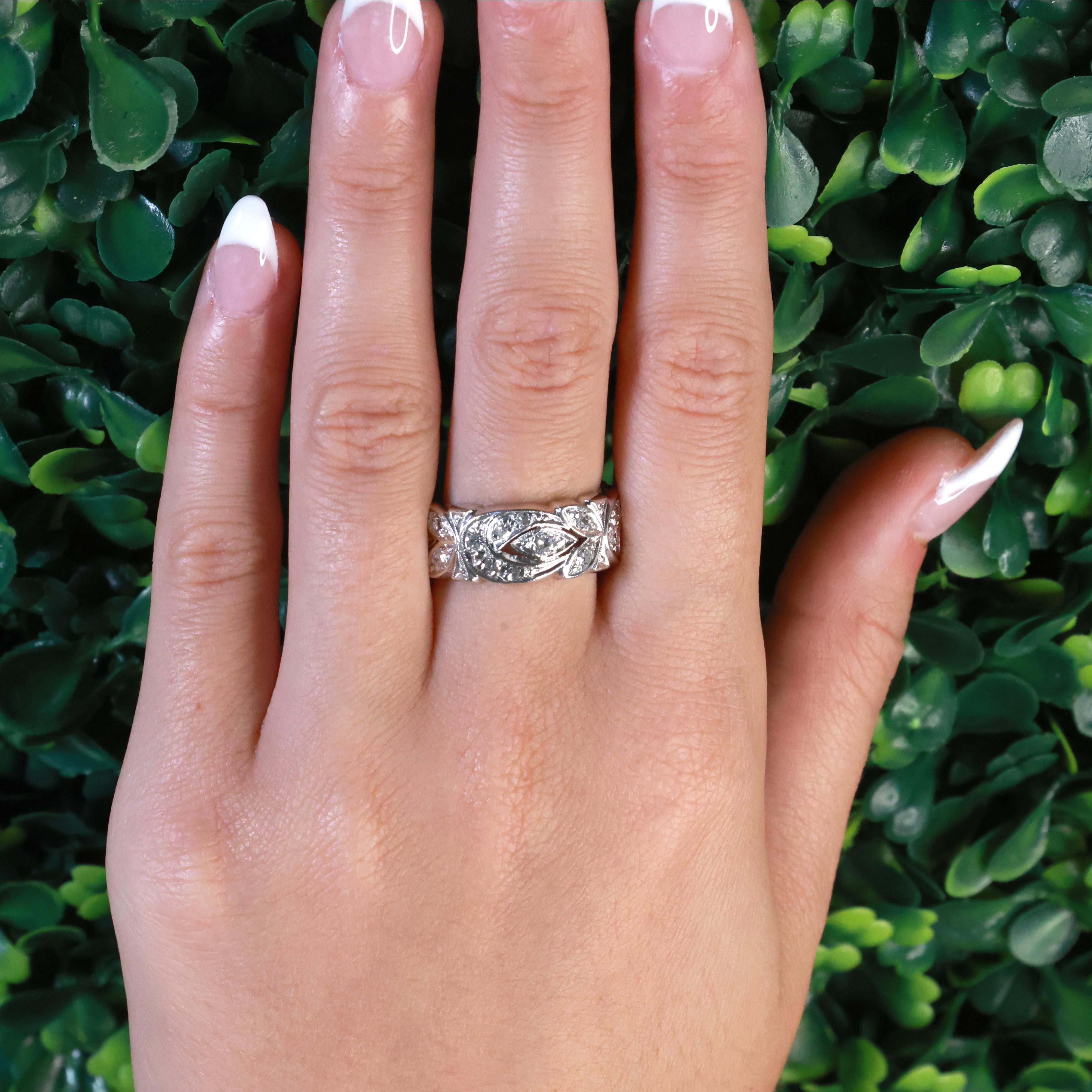 1.00 TW Diamond Filigree Wide Band Ring Platinum Size 7.5 Ladies Estate
