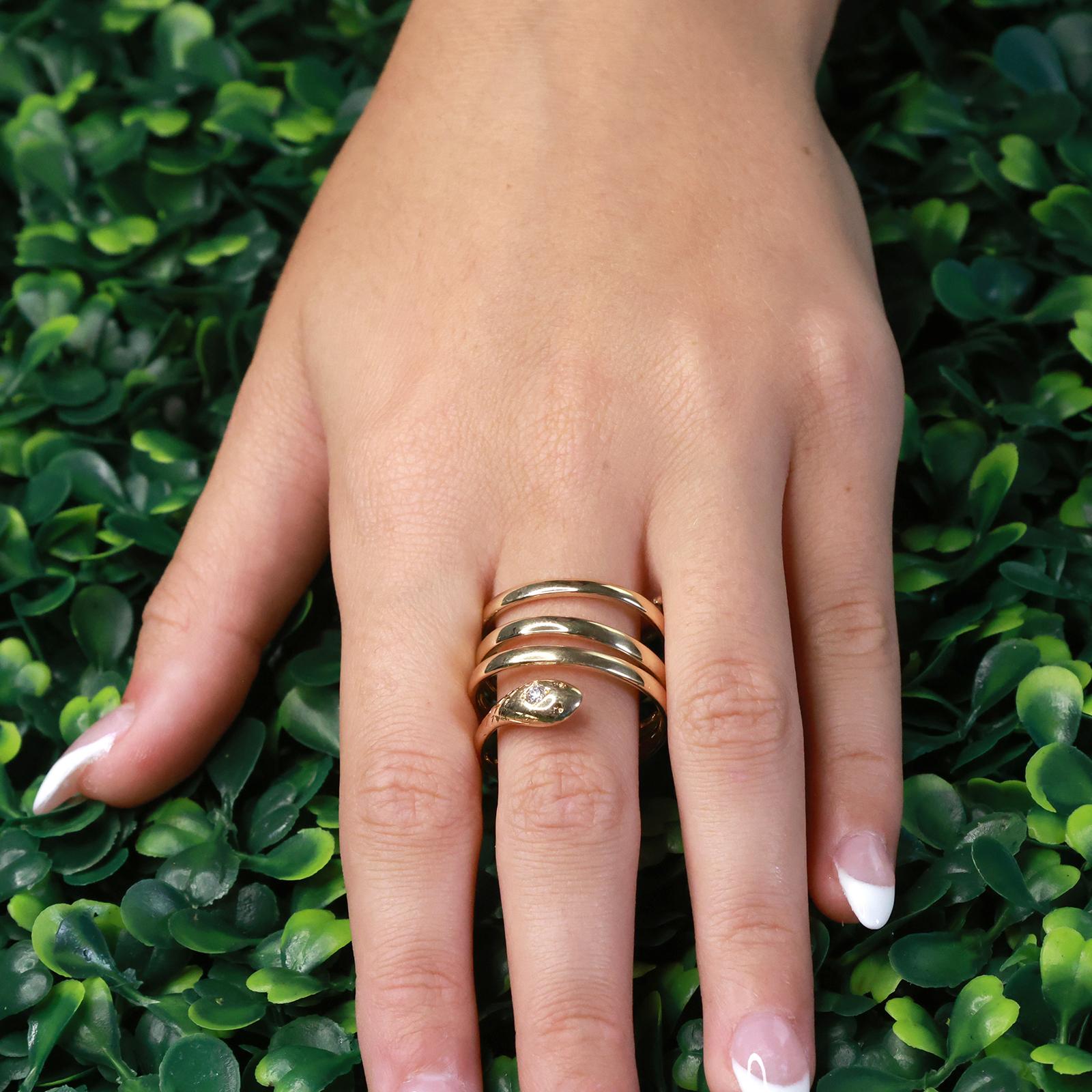 Snake Coil Statement Band Ring Yellow Gold 0.07 CT Diamond Accent Size 8 Ladies