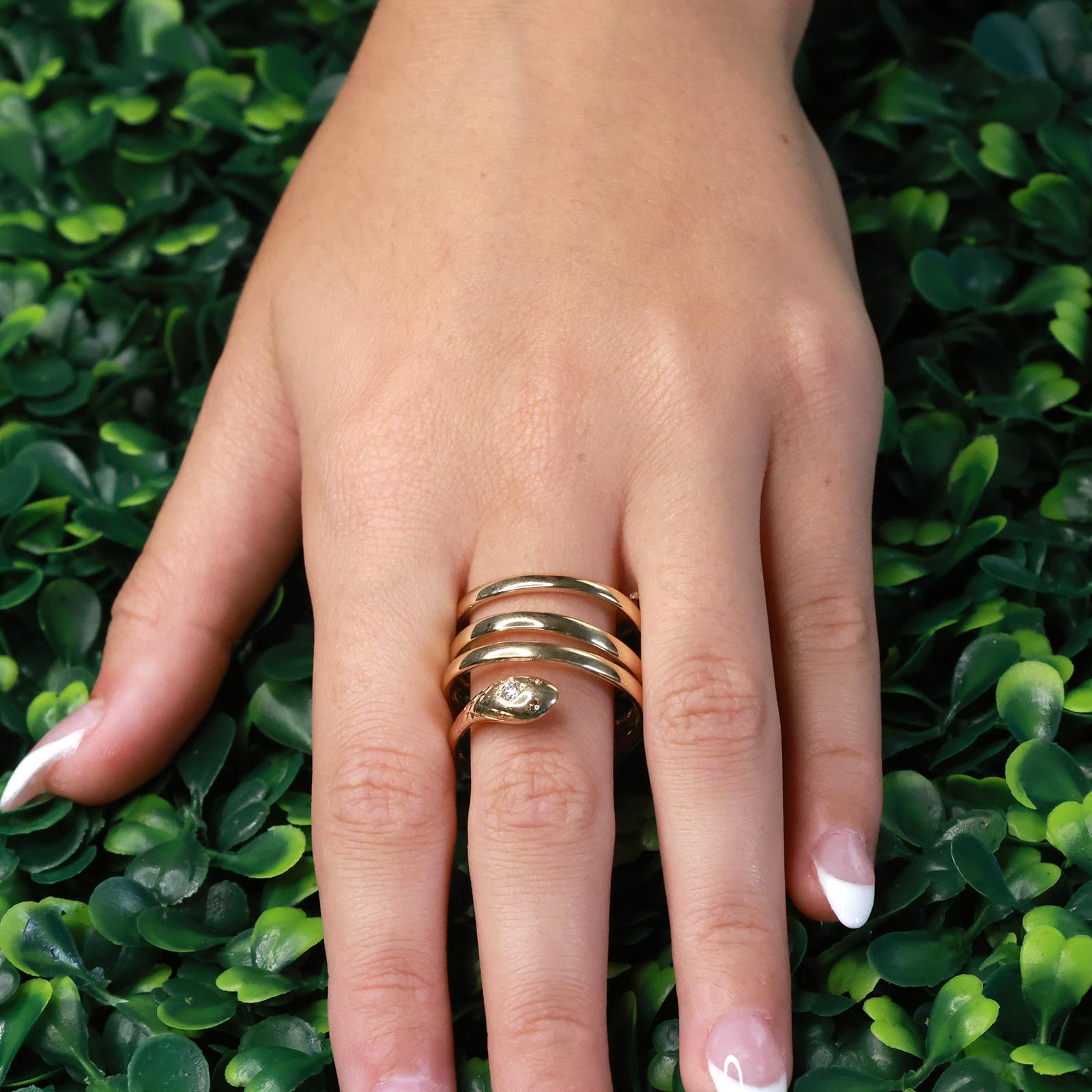 Snake Coil Statement Band Ring Yellow Gold 0.07 CT Diamond Accent Size 8 Ladies