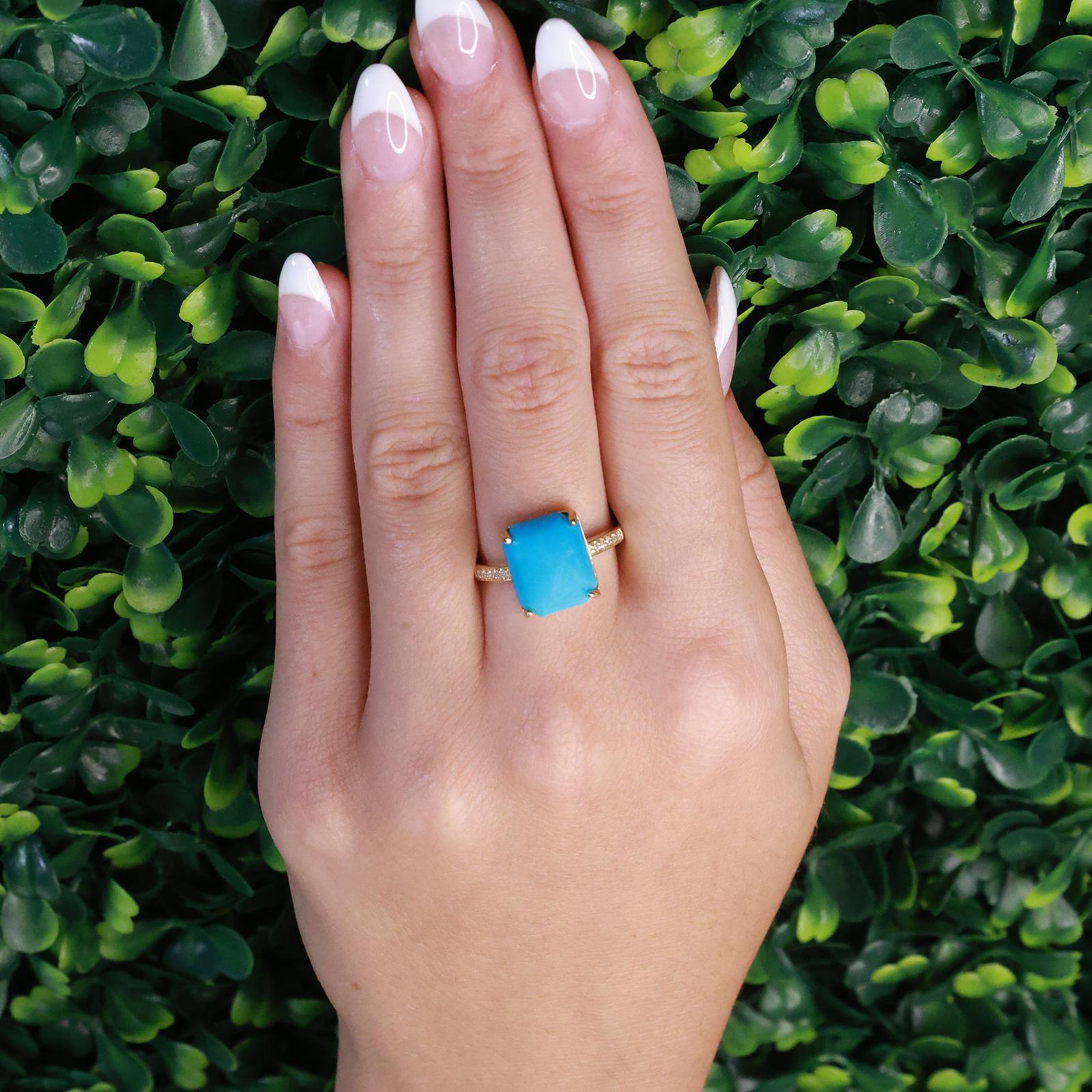 Turquoise Diamond Cocktail Ring 10K Yellow Gold Size 7 Ladies Estate