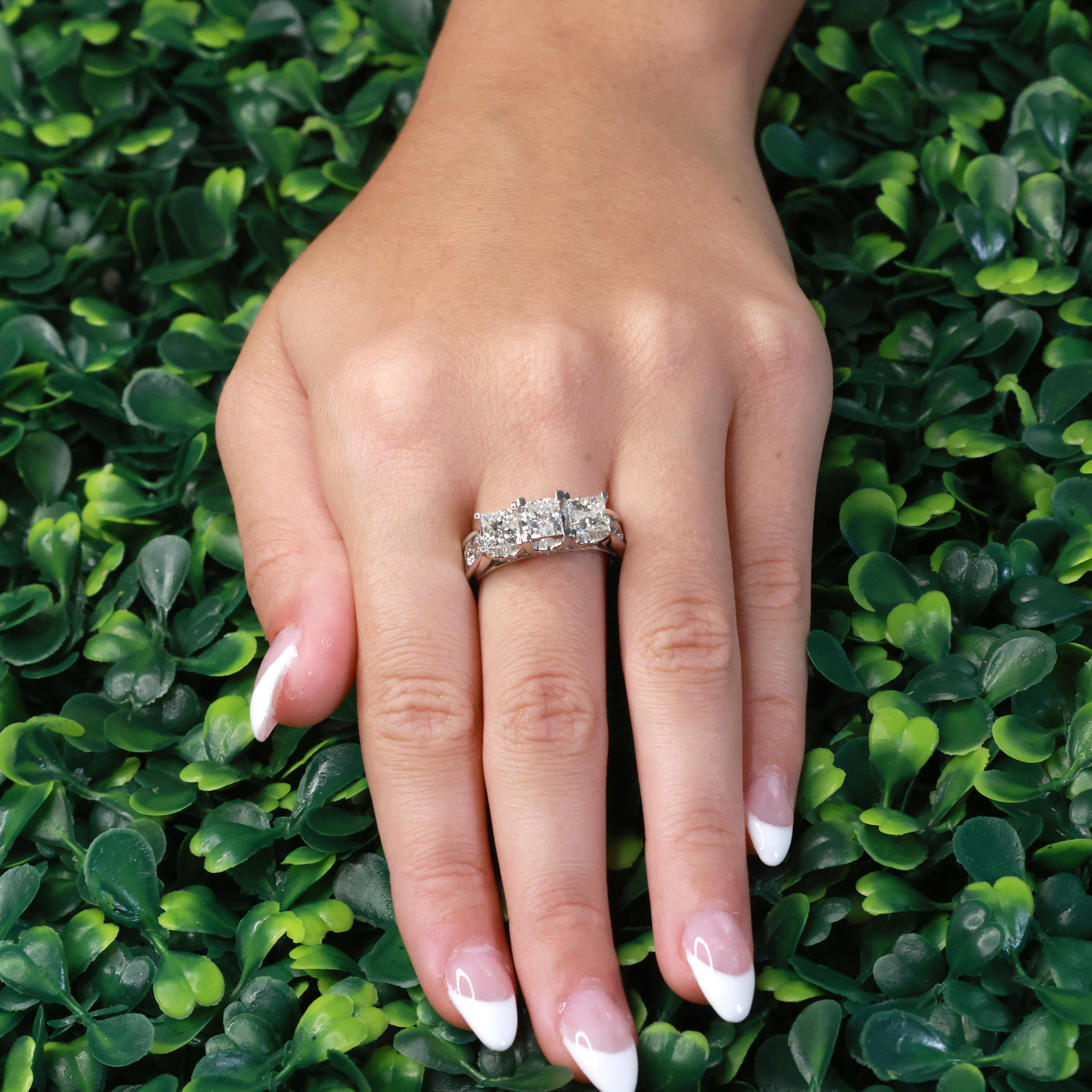 3.00ctw Princess Diamond 3-Stone Ring 14K White Gold Band w/ Accents Estate