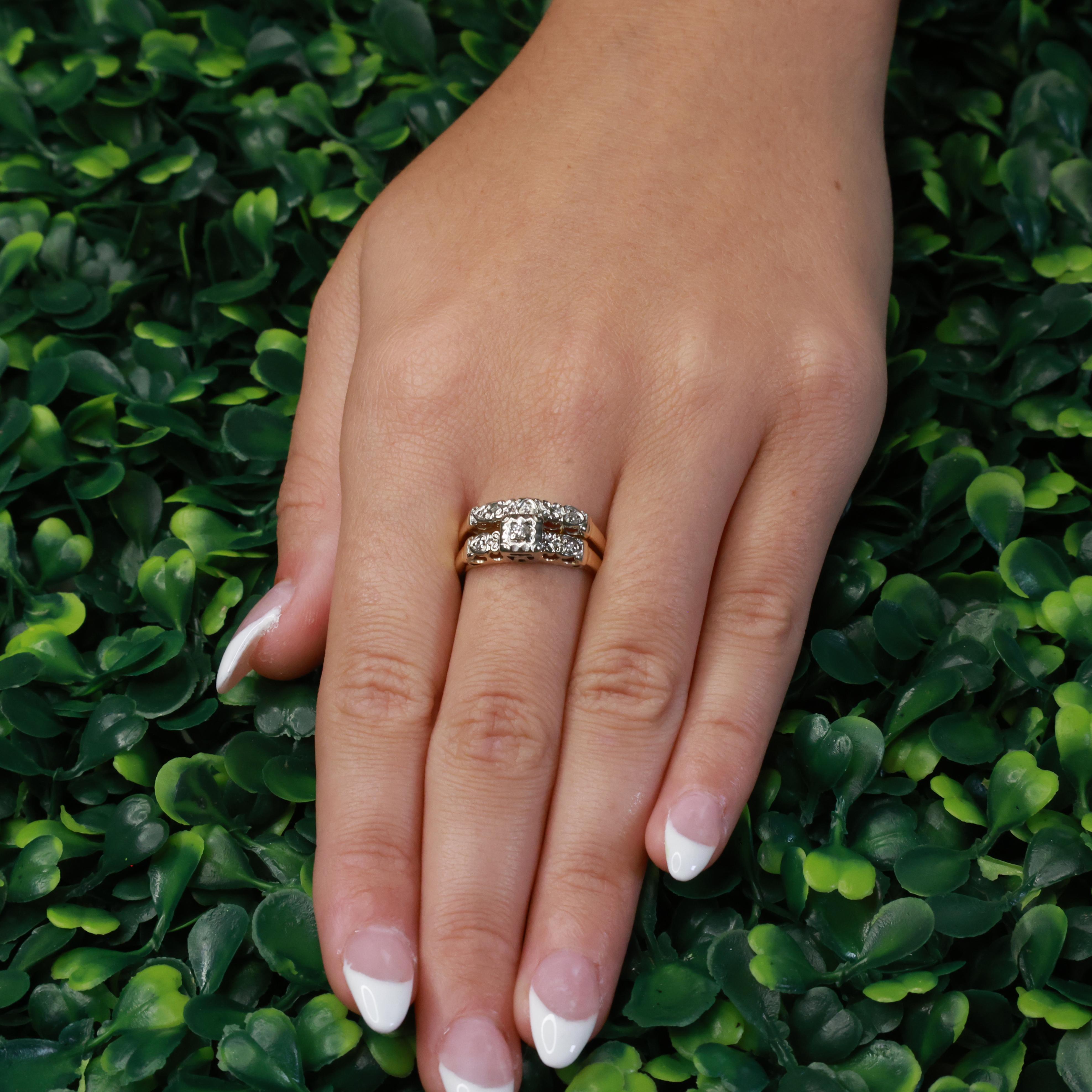 Vintage Diamond Wedding Ring Set With Accents 0.10 TW Two-Tone Gold Size 6.75-7