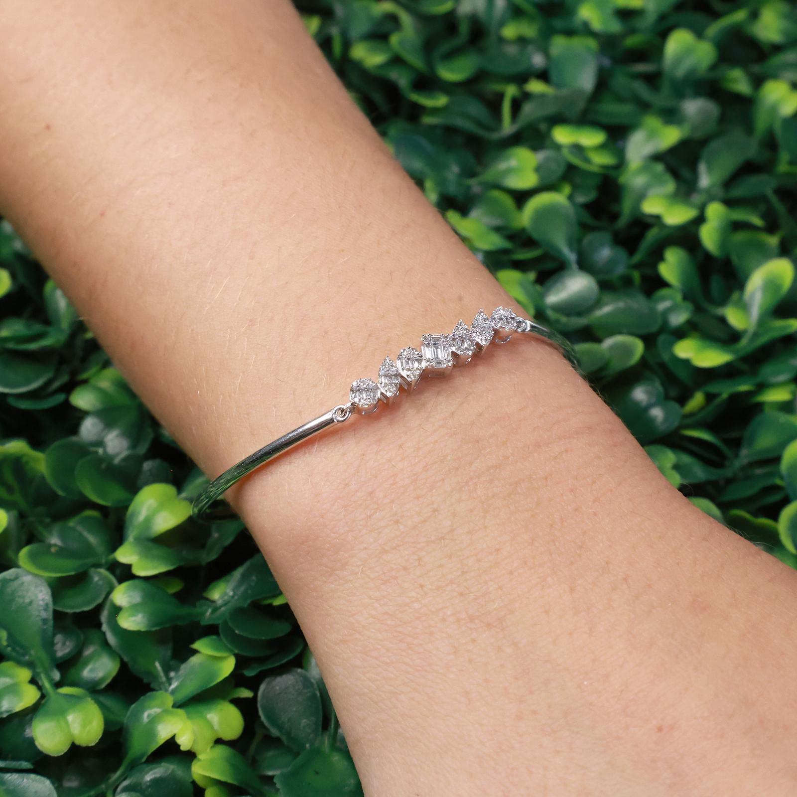 14K White Gold Diamond Bangle Bracelet 0.65CT TW Mixed Cut Estate 6.75"