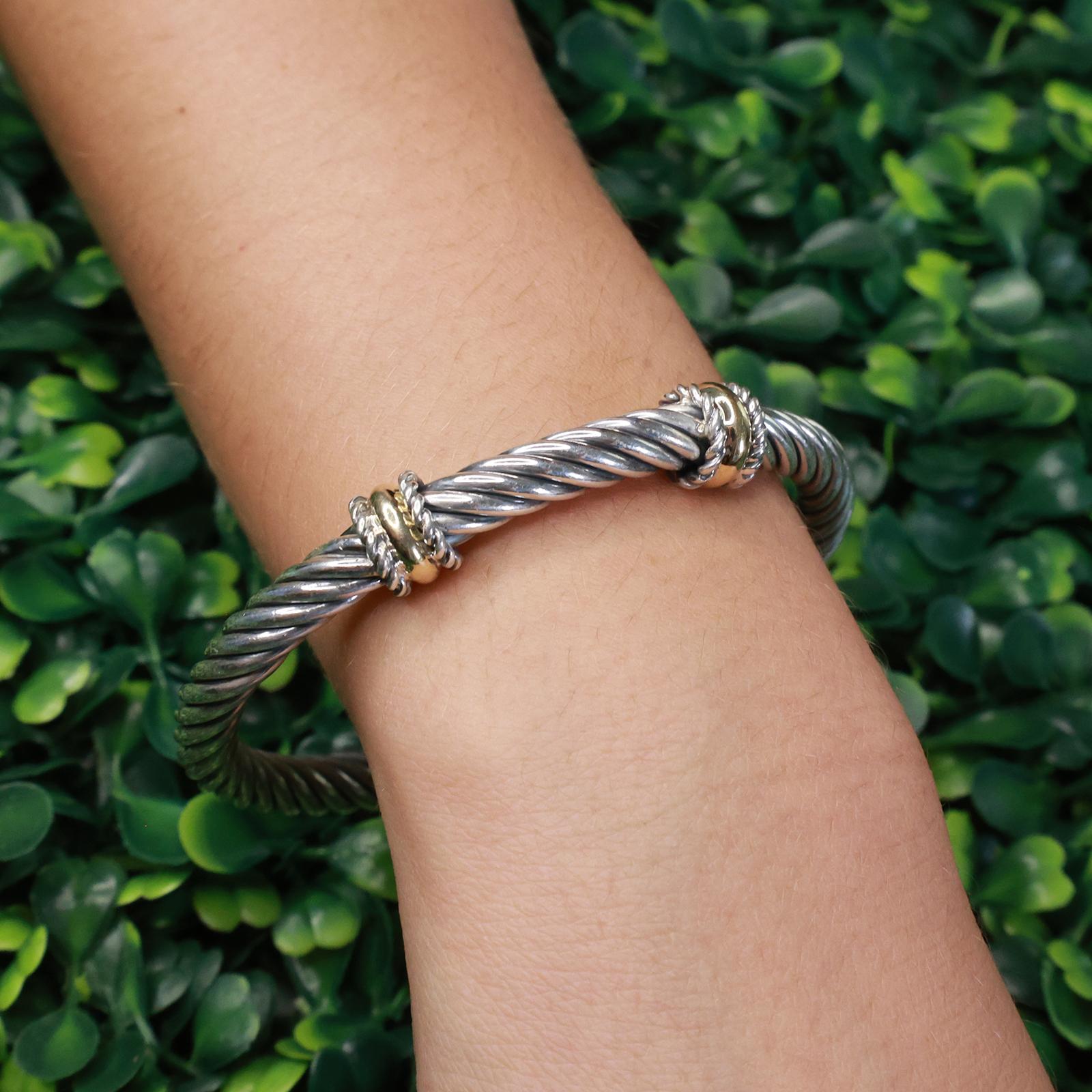 Alisa Double Yellow Gold Rondelle Station Sterling Twisted Cable Bangle Size 6.5