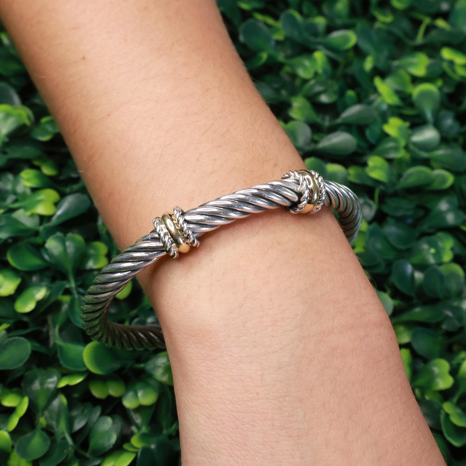 Alisa Double Yellow Gold Rondelle Station Sterling Twisted Cable Bangle Size 6.5