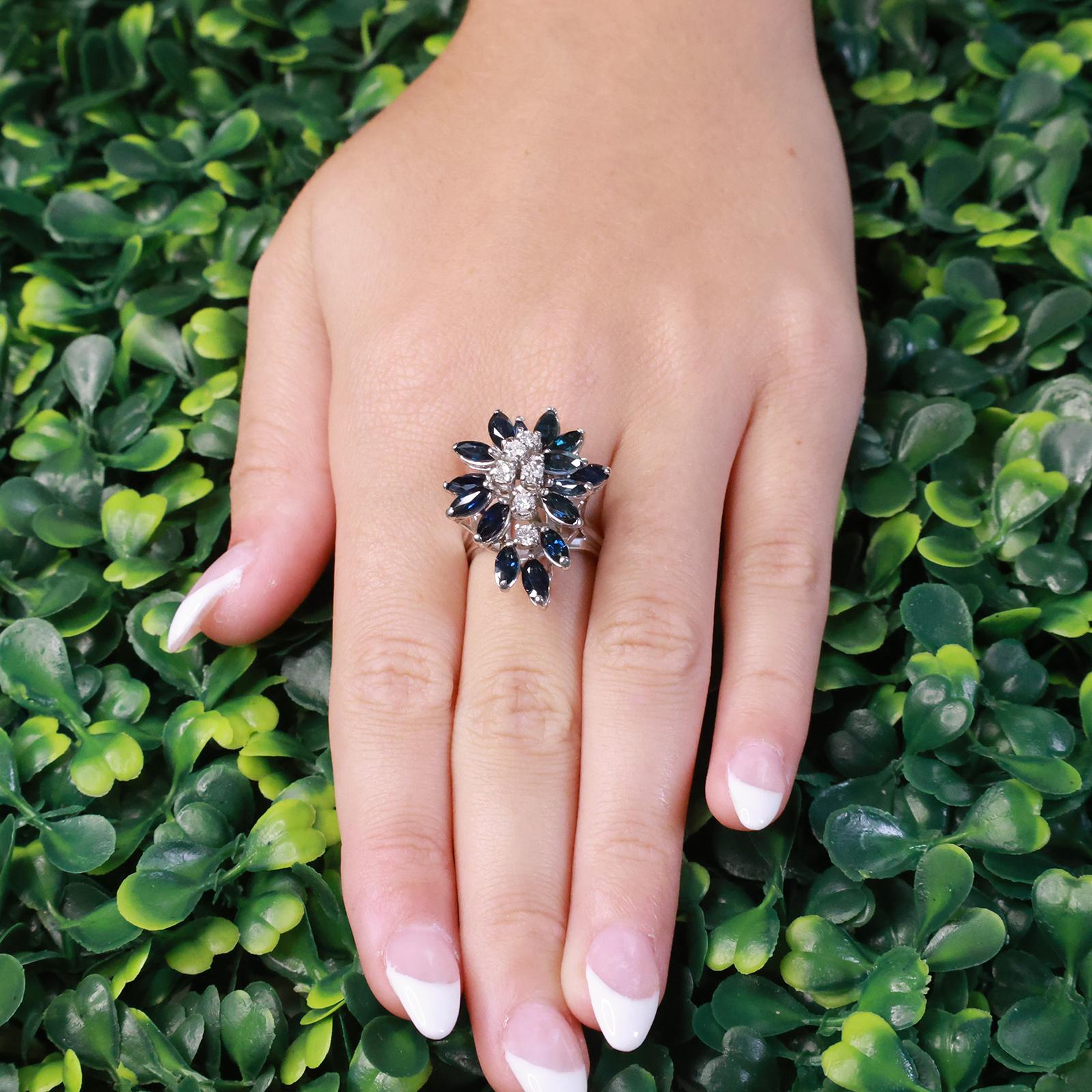 14K White Gold 3.42CTW Blue Sapphire Diamond Marquise Cluster Ring Size 4.75