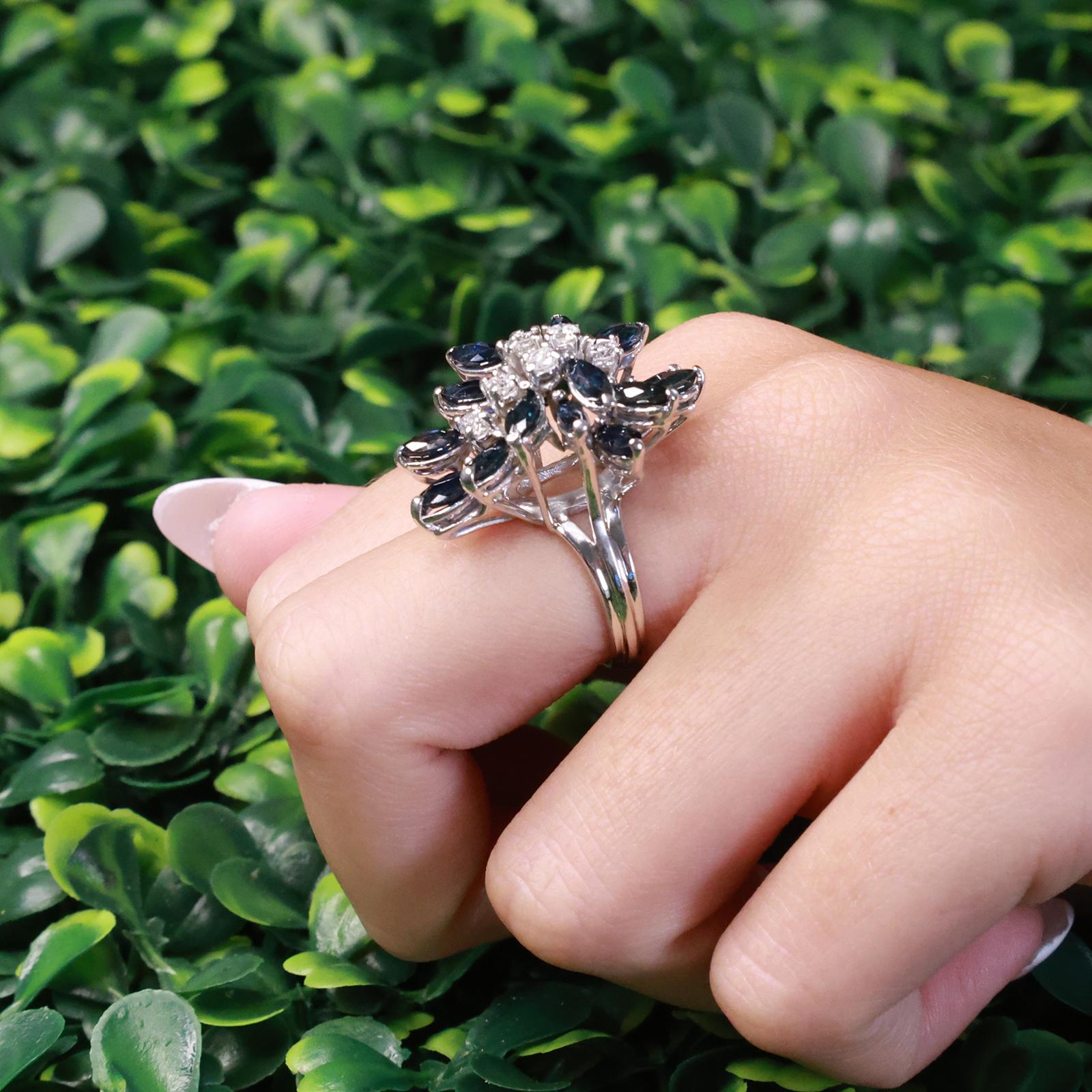 14K White Gold 3.42CTW Blue Sapphire Diamond Marquise Cluster Ring Size 4.75