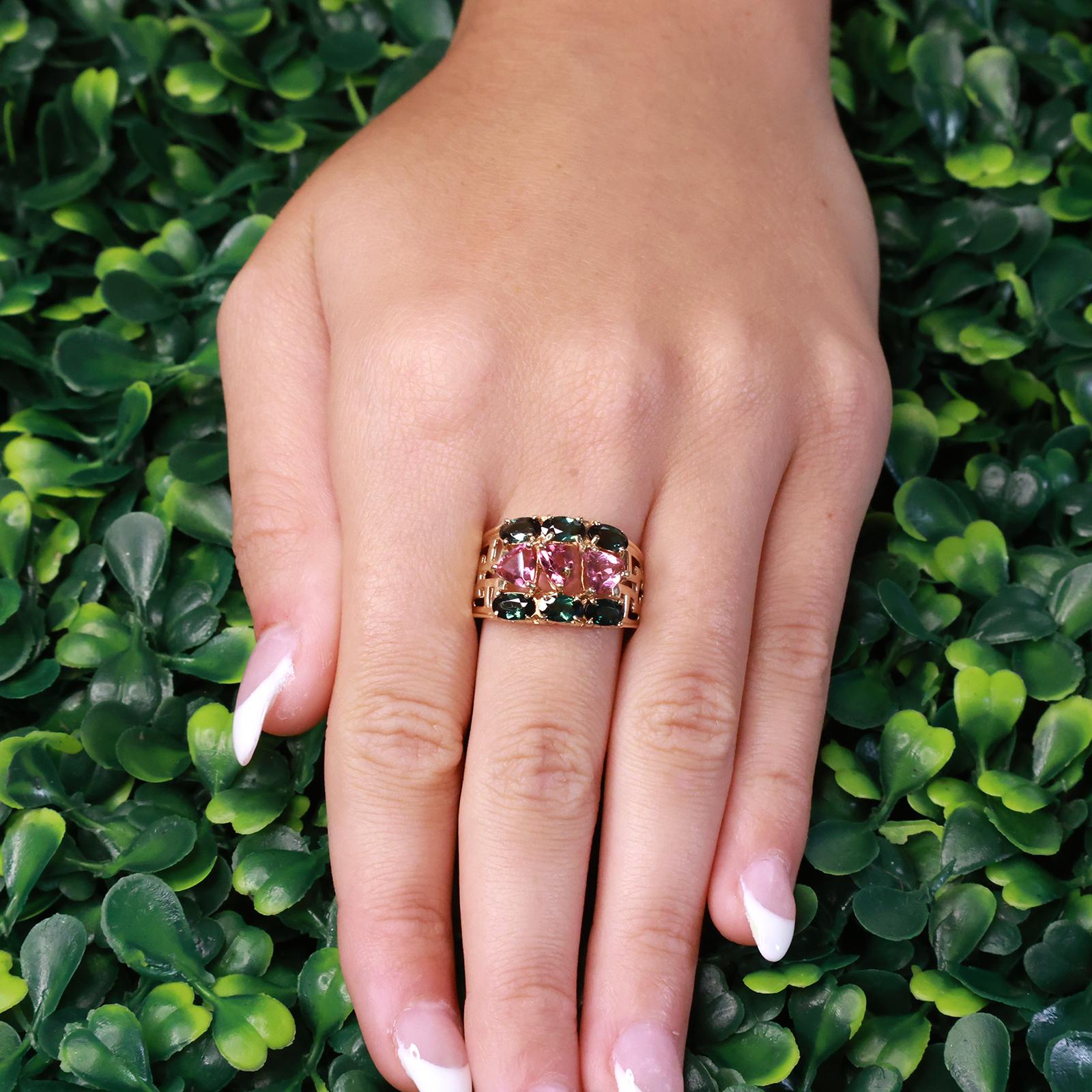 14K Yellow Gold Pink Green Tourmaline Ring Trillion Oval Greek Key Cocktail 7.25