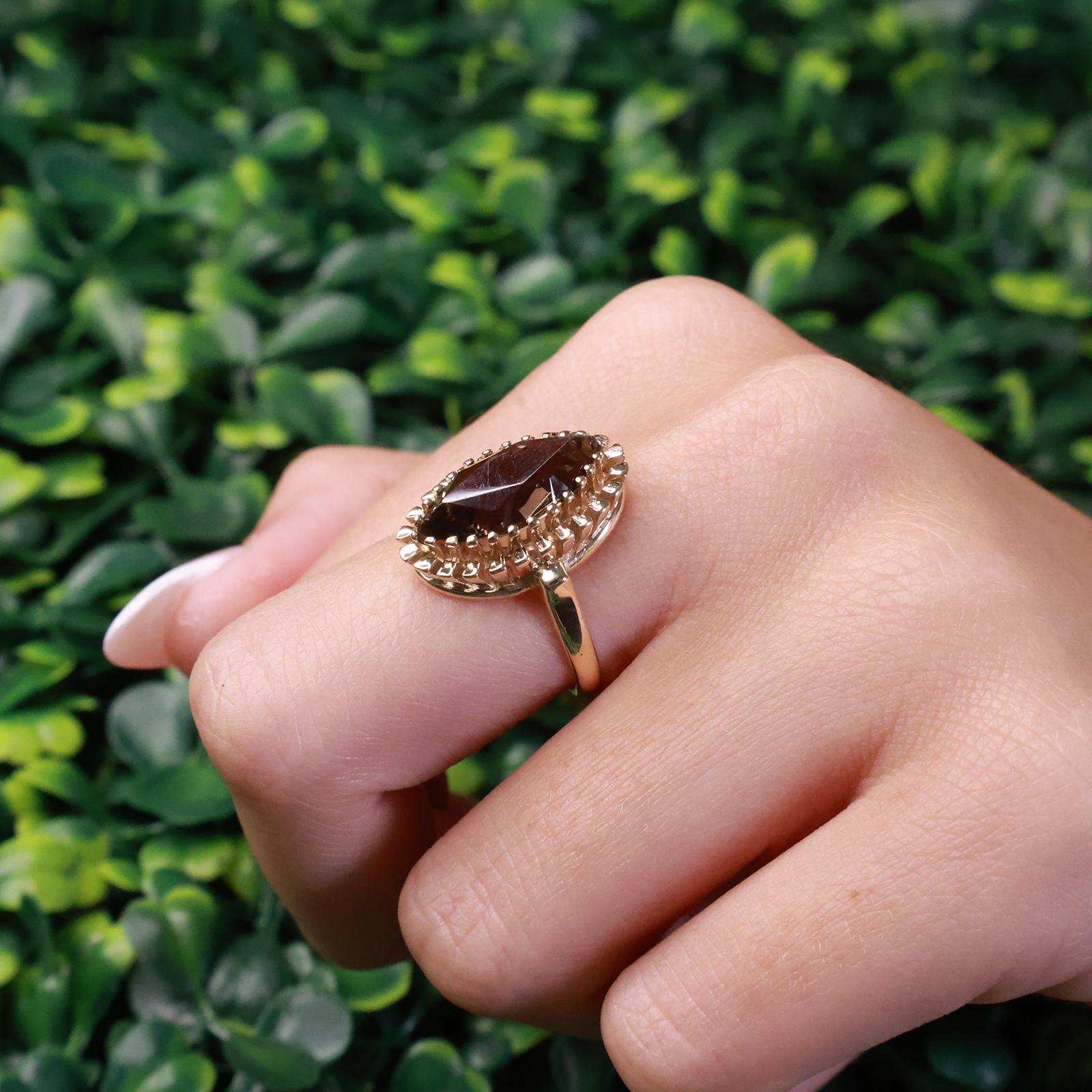 Vintage 10K Gold 2.80CT Smoky Quartz Marquise Cocktail Ring Size 5.5 Estate
