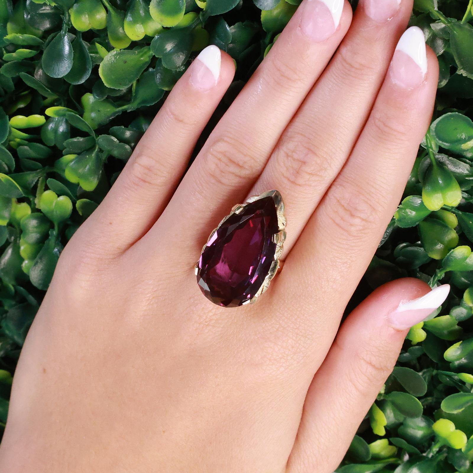 Large Pear Cut Purple Alexandrite Ring 10K Yellow Gold Statement Cocktail Ring 9