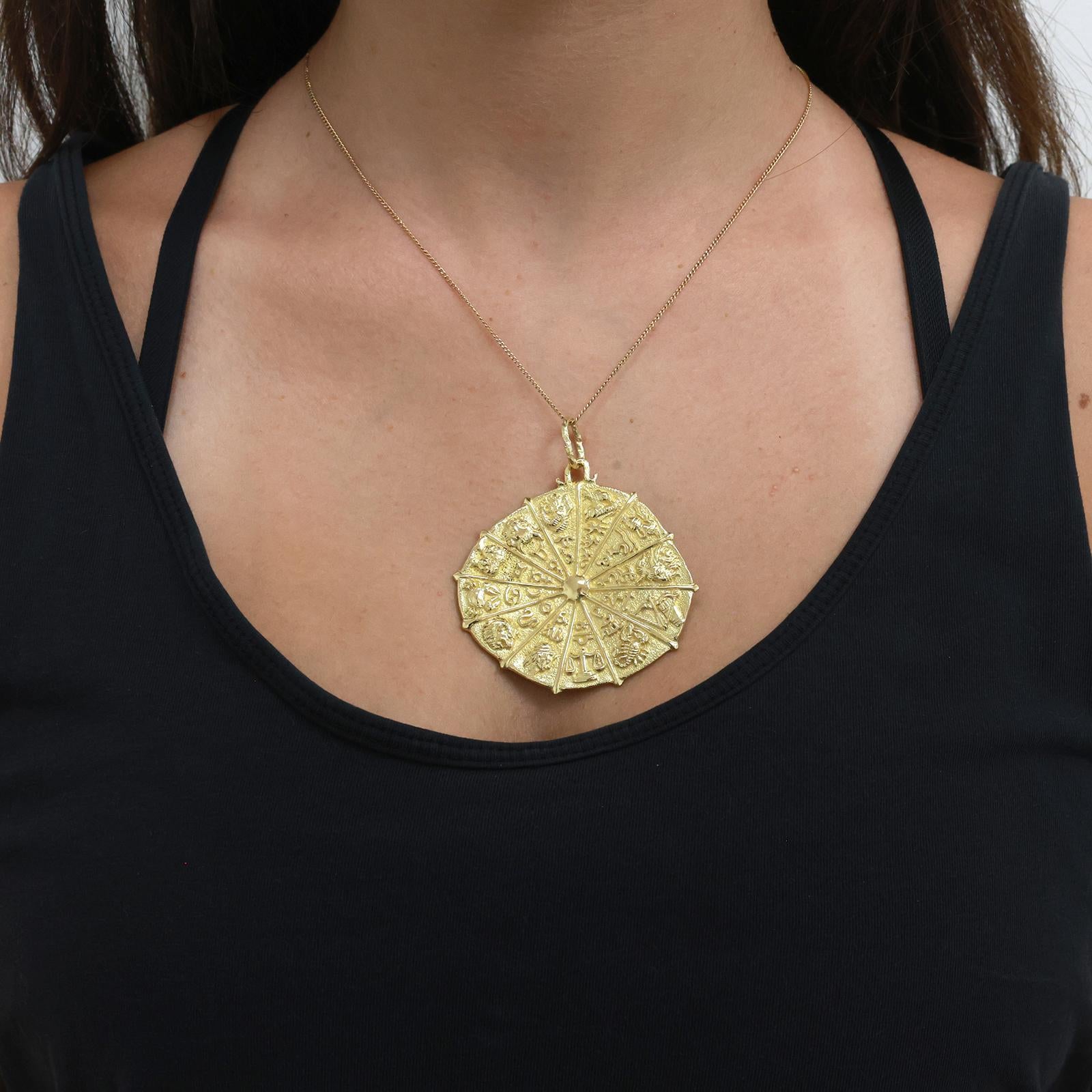 18K Gold Zodiac Astrology Wheel Pendant 2.55" Large Estate