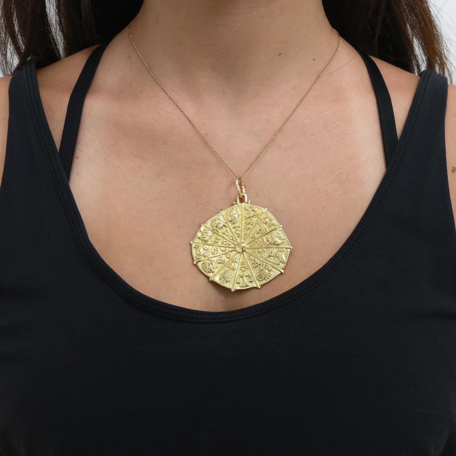 18K Gold Zodiac Astrology Wheel Pendant 2.55" Large Estate