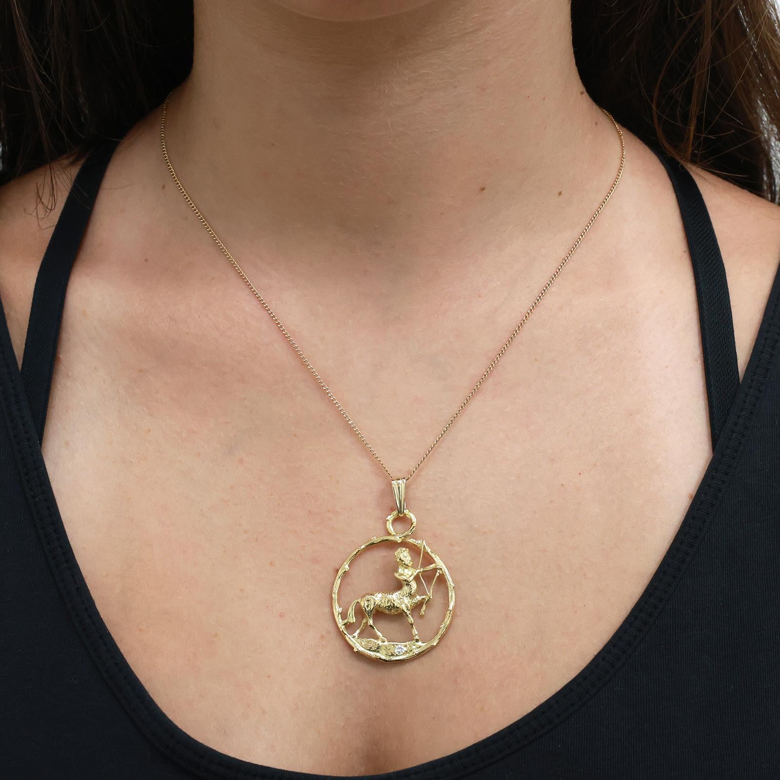 Sagittarius Pendant 18K Yellow Gold Diamond Accent Zodiac Charm 2.55"