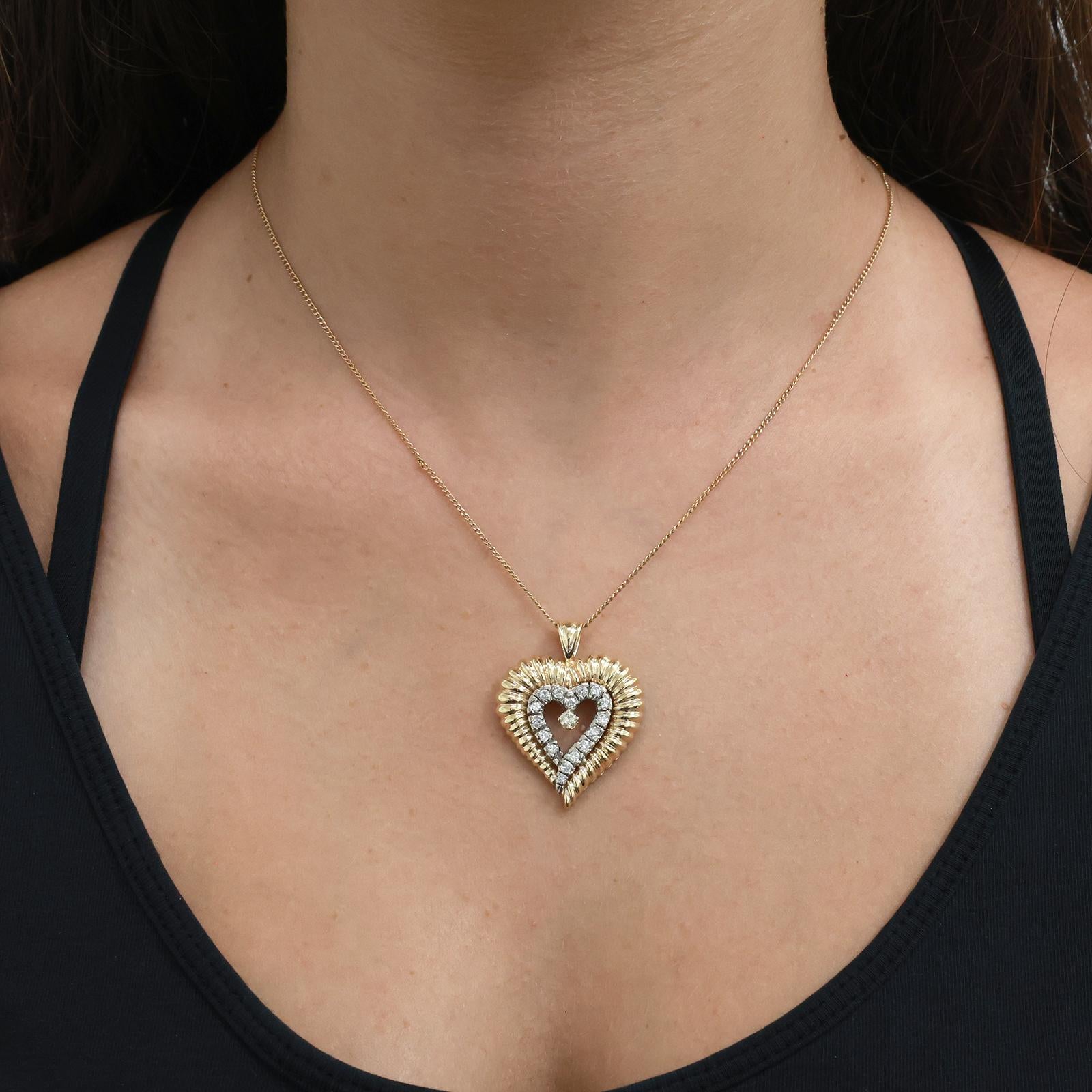Two Tone Gold Diamond Heart Pendant 0.55 CTW Vintage Cluster 1.33"