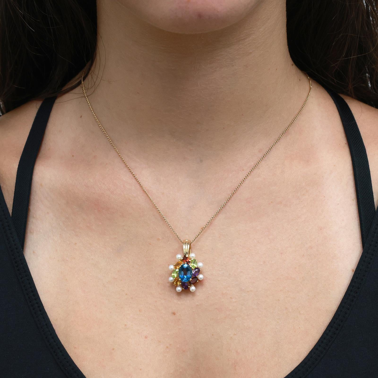 Multi Gemstone Pearl Floral Pendant Charm 14K Yellow Gold 4.23 CTW 1" Estate