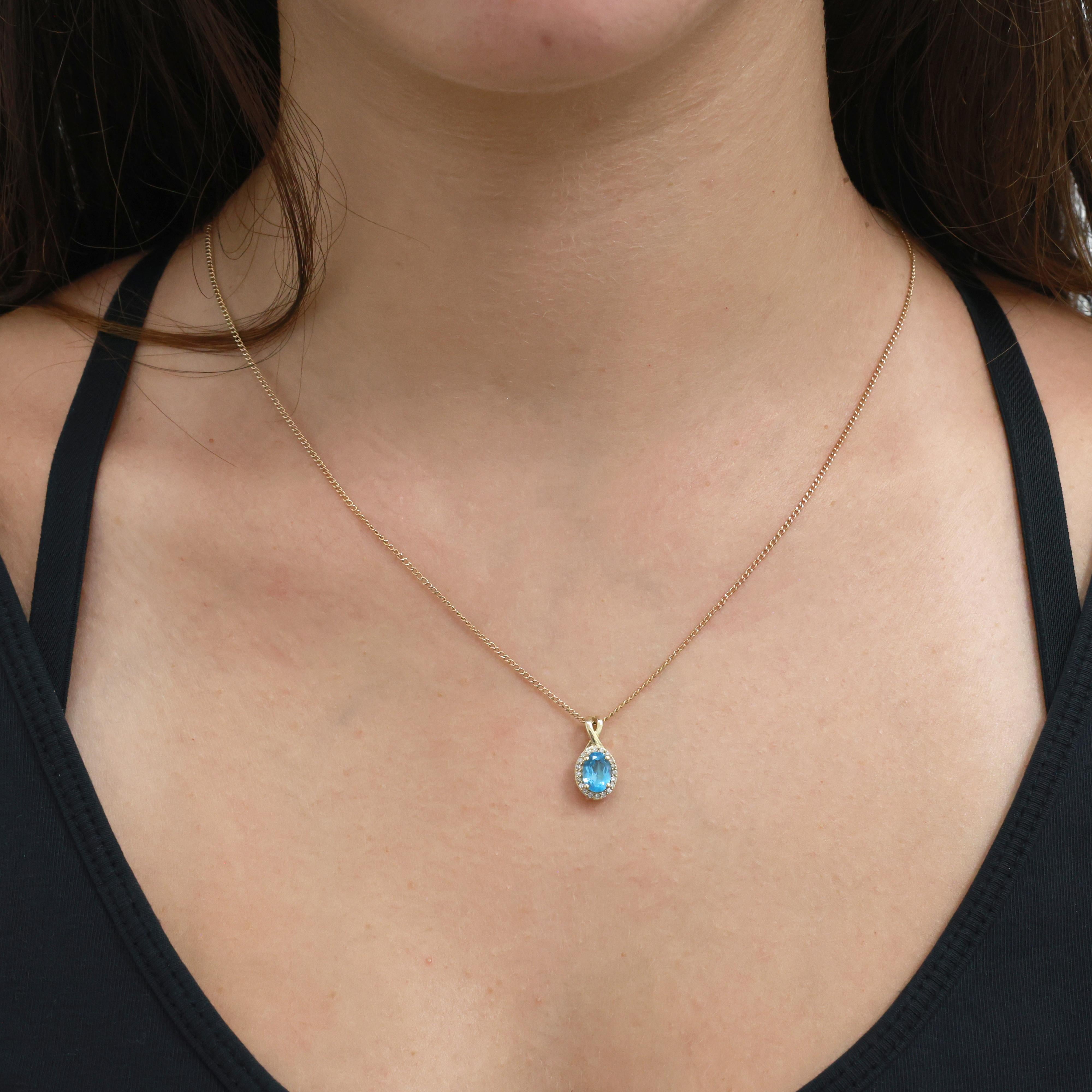 Blue Topaz Diamond Halo Pendant Charm 10K Yellow Gold 1.15 CTW 0.60" Estate