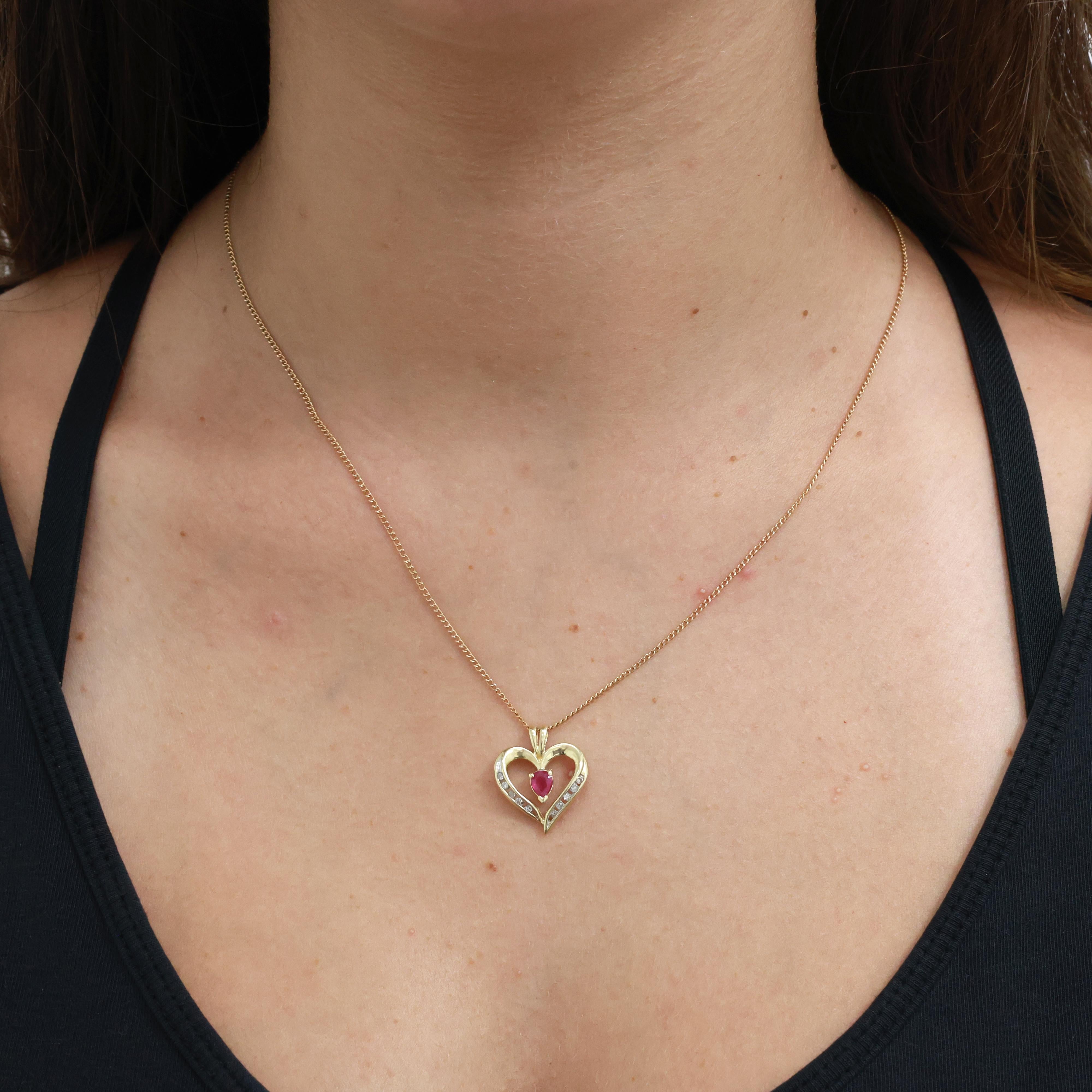Ruby Diamond Open Heart Pendant Charm 10K Yellow Gold 0.35 CTW 0.78" Ladies
