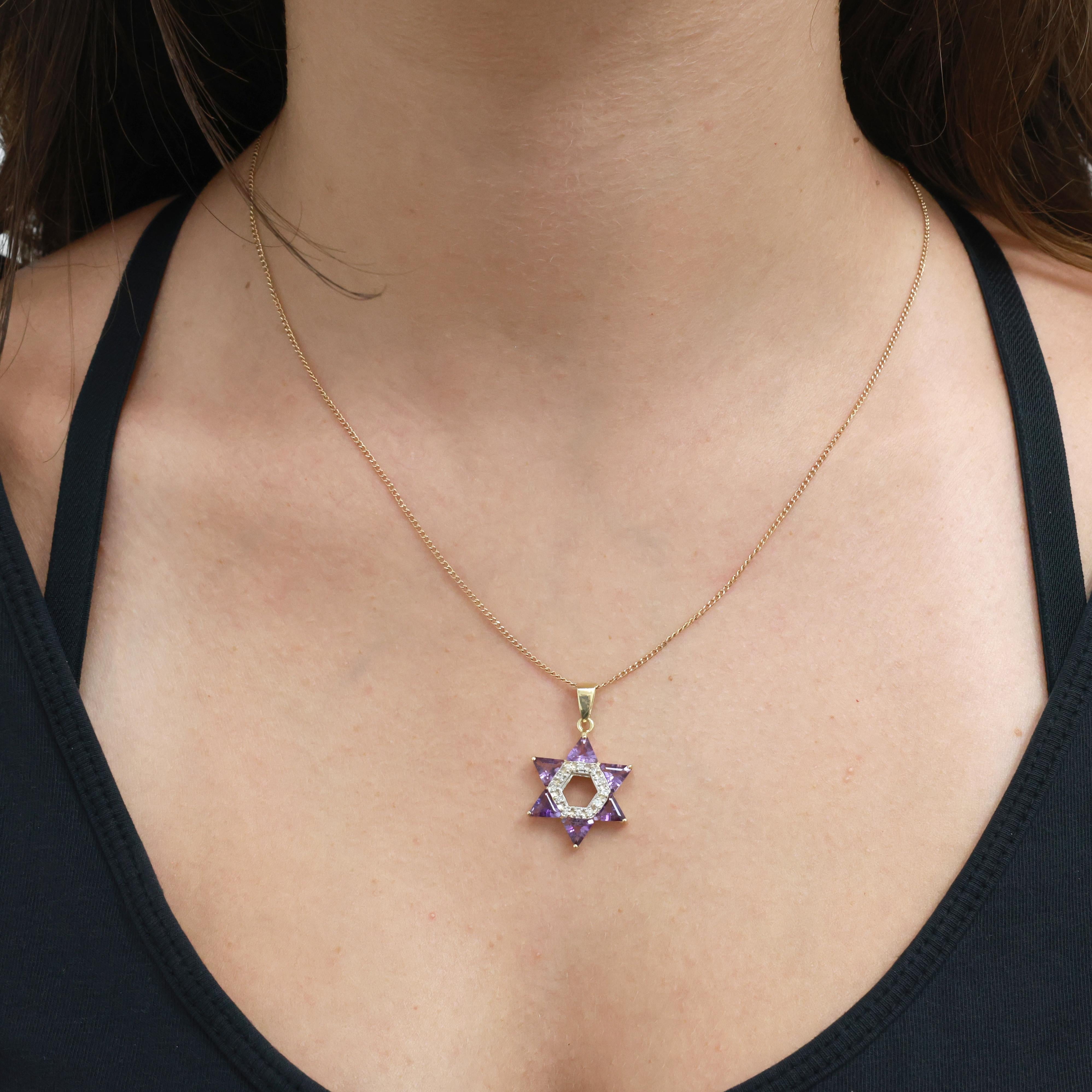 Religious Star of David Amethyst Diamond Pendant Charm Two-Tone Gold 1.15"