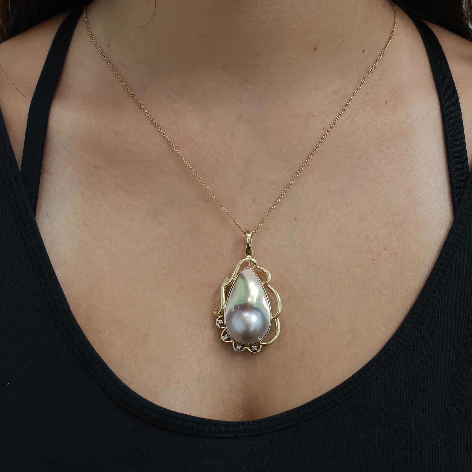 Vintage Mabe Pearl Diamond Teardrop Pendant 14K Yellow Gold Snap Clasp 1.95"