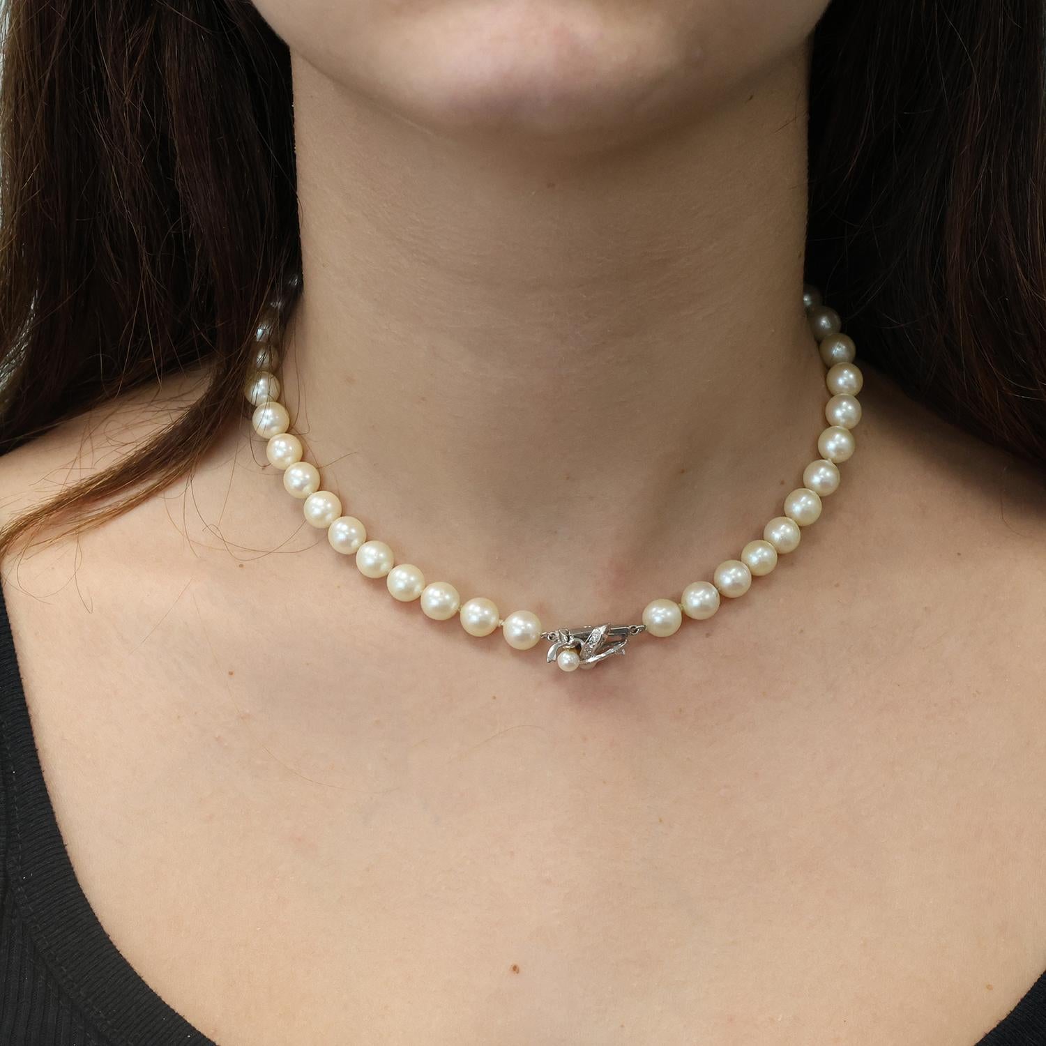 Vintage Freshwater Pearl Choker Necklace 14K White Gold Diamond Clasp 14.5"