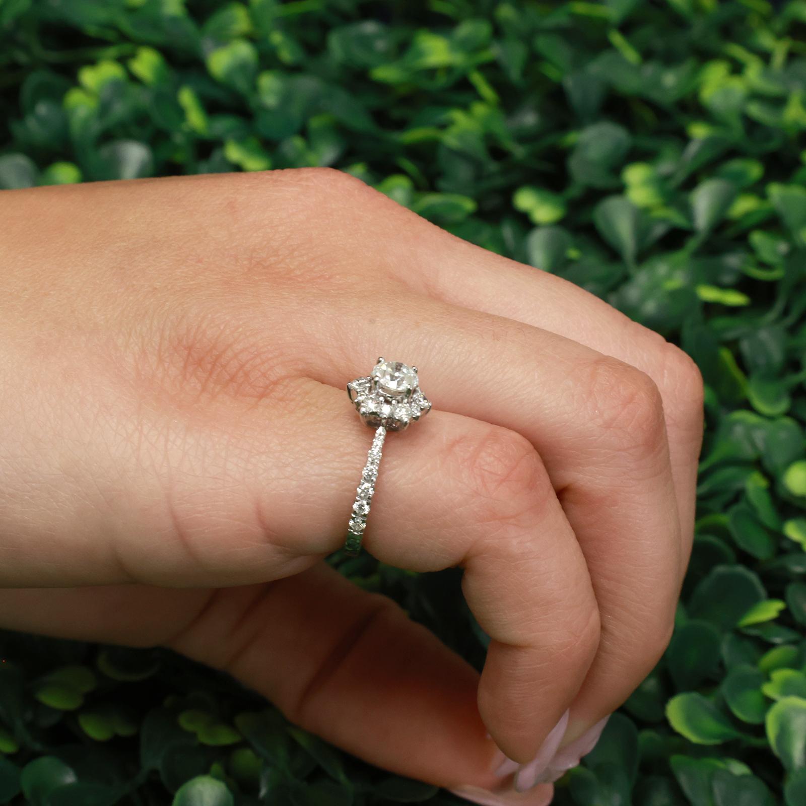 1.05CTW Diamond Halo Engagement Ring 14K White Gold Round Center Floral Size 5