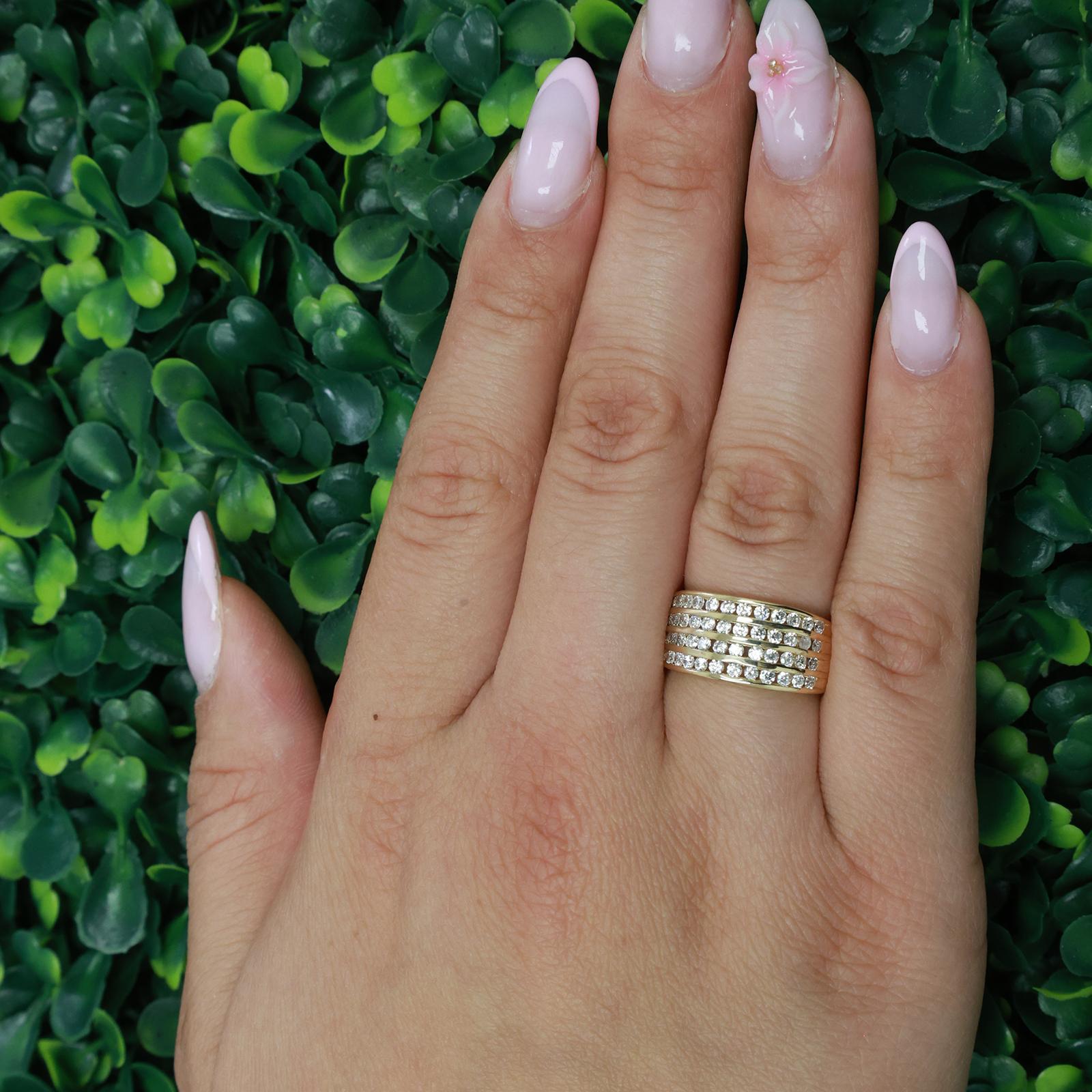 14K Yellow Gold 4 Row CZ Diamond Look Wide Band Ring Channel Set Size 6