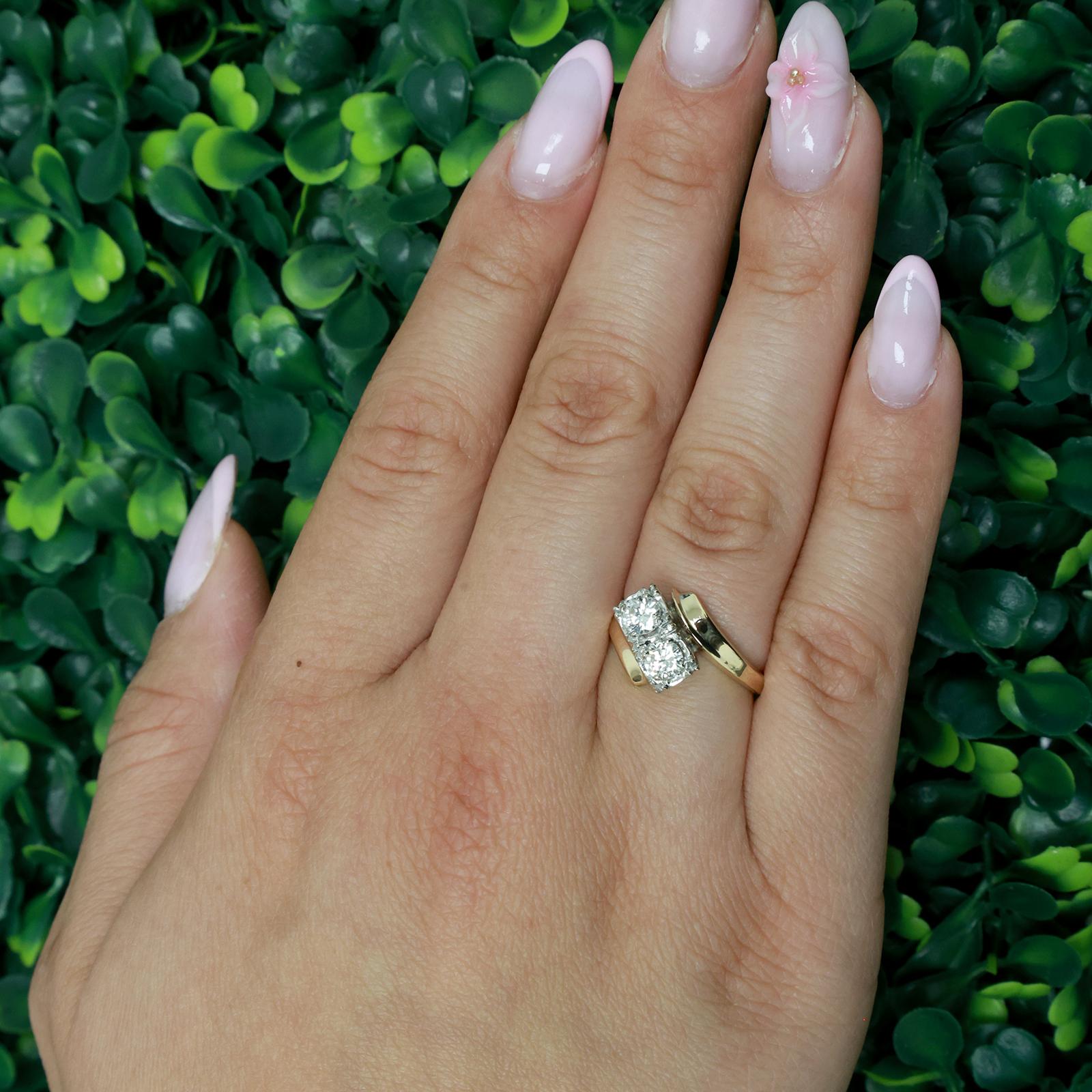 Two Tone Gold 2 Stone Diamond Bypass Ring 0.60 CTW Vintage Estate Size 6