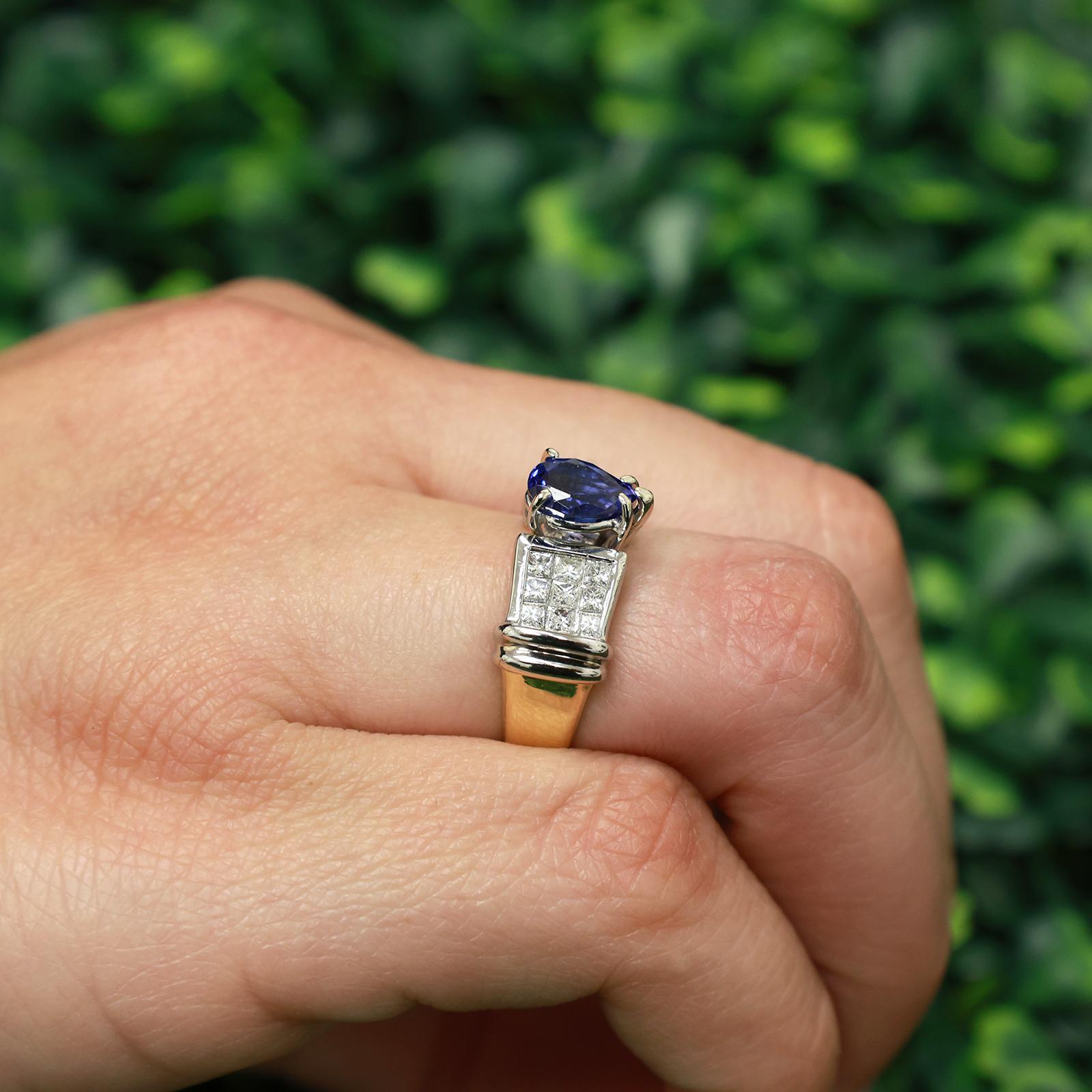 18K Two Tone Gold Tanzanite & Princess Cut Diamond Ring 1.80 CTW Pear Size 6