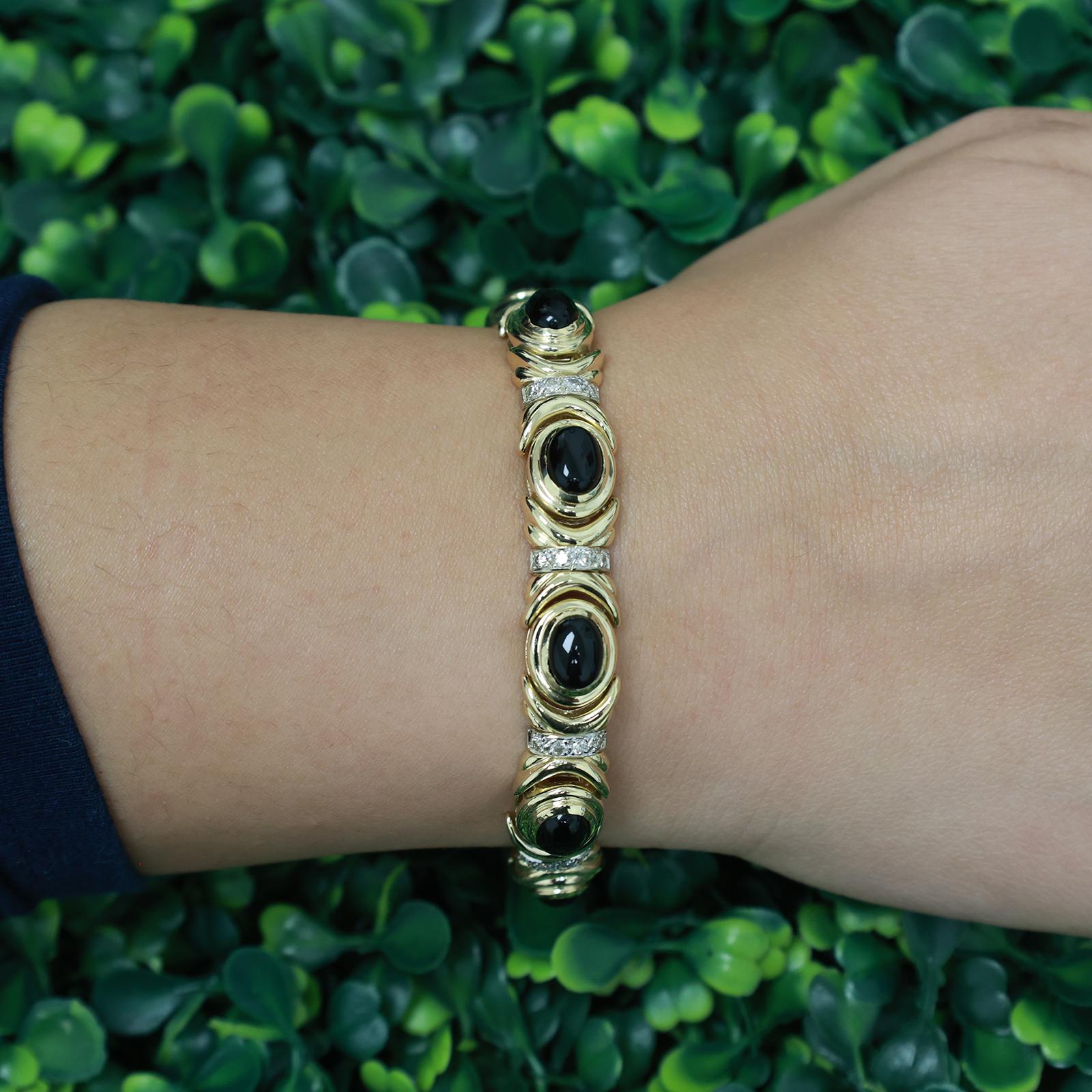 Black Onyx & Diamond Bracelet 14K Two-Tone Gold 7" Estate 0.75ct Oval Bezel